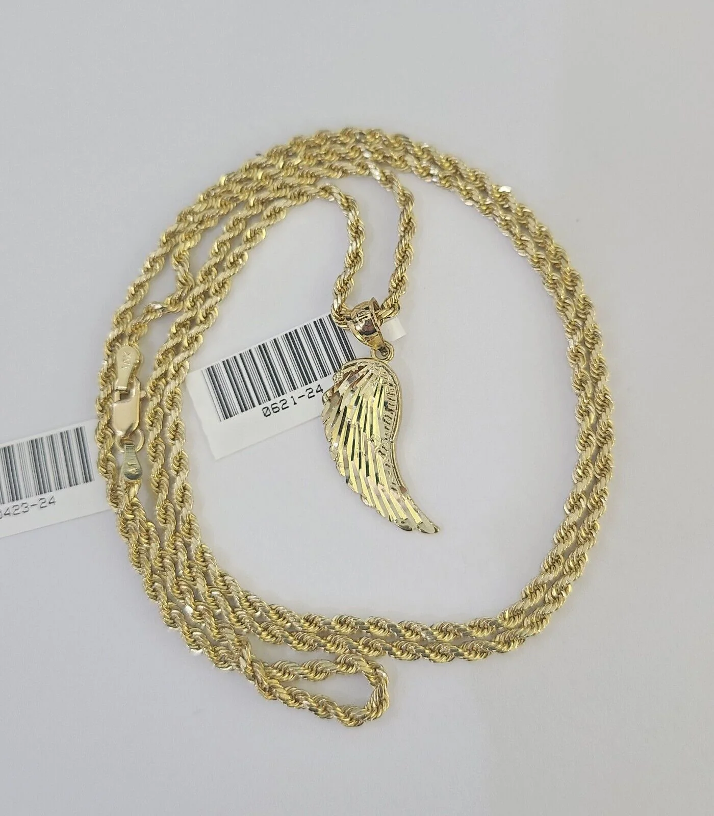 10k 2.5mm Rope Chain Angel Wings Pendant 18"-30" Yellow Gold Set Charm Necklace - Image 3