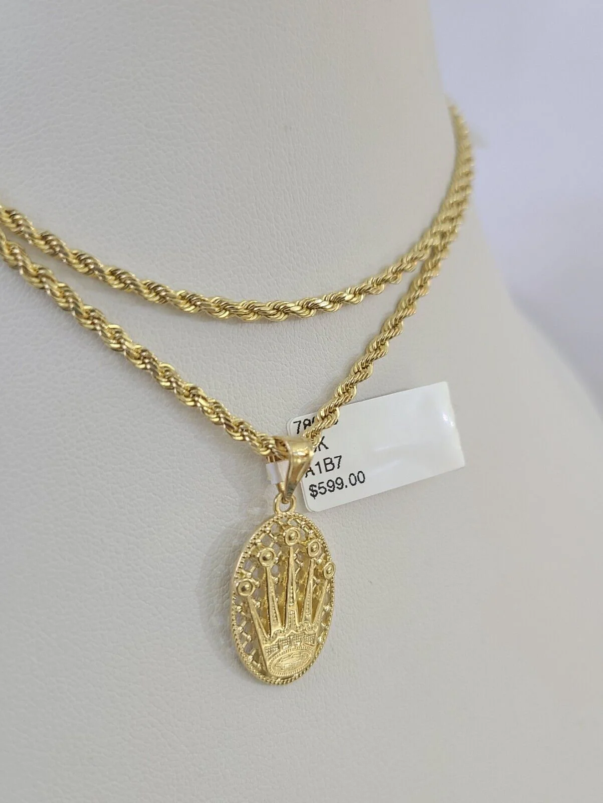 10k 2.5mm Rope Chain Crown Pendant 18"-30" Yellow Gold Set Charm Necklace - Image 2