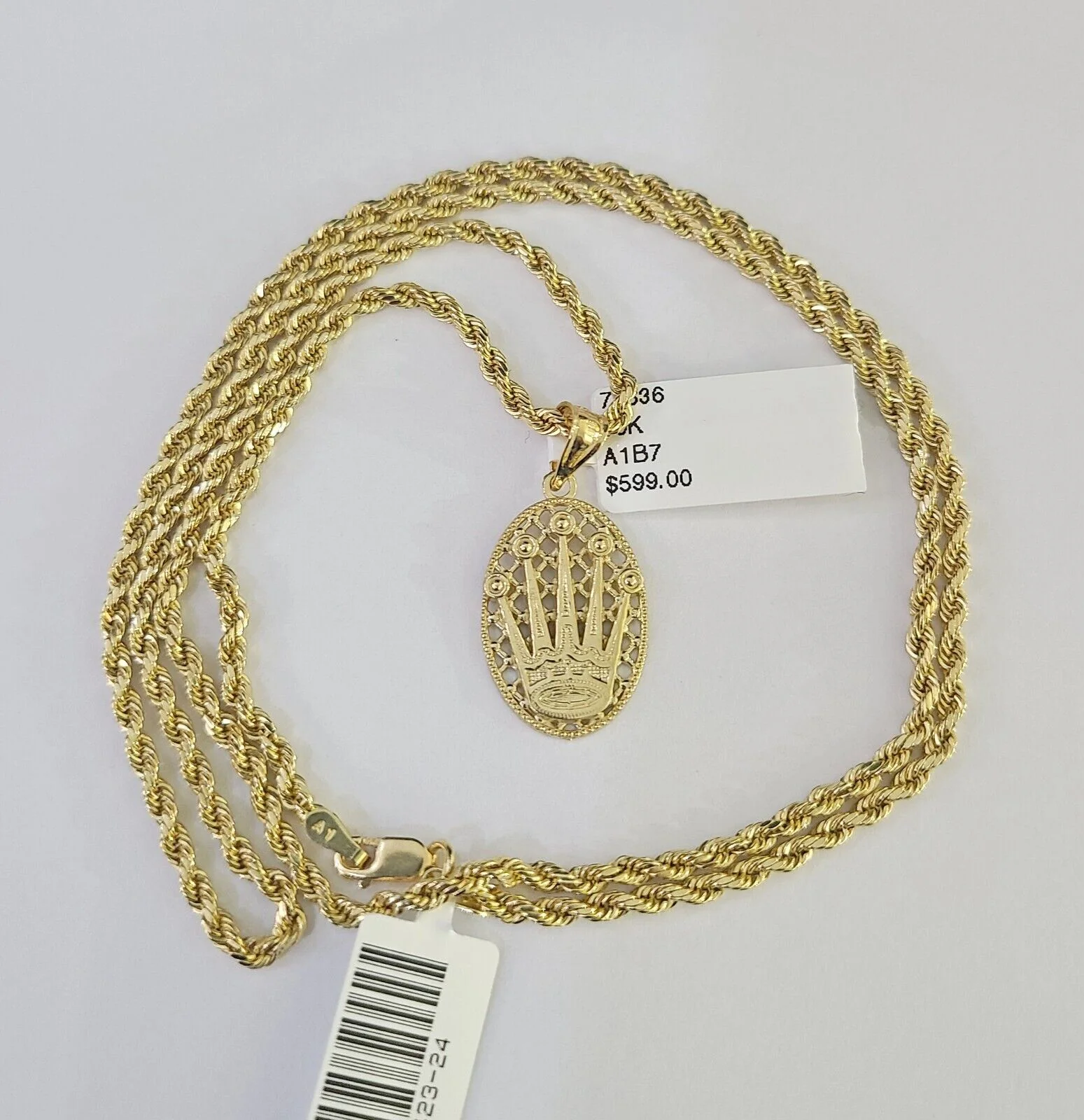 10k 2.5mm Rope Chain Crown Pendant 18"-30" Yellow Gold Set Charm Necklace - Image 4