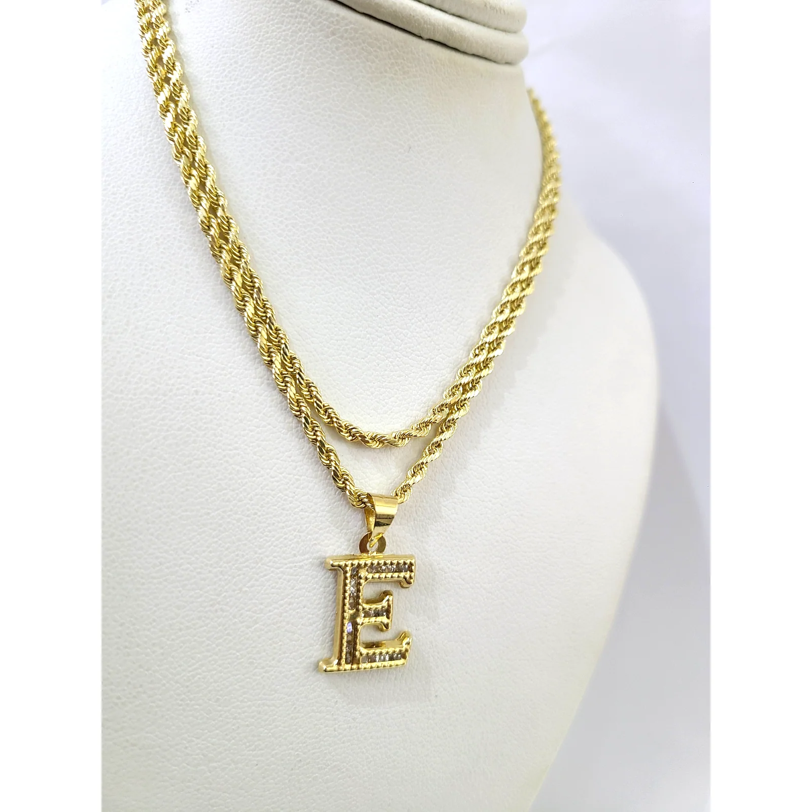 10k 2.5mm Rope Chain E Initial Alphabet Pendant 16"-28" Gold Set Charm Necklace - Image 2