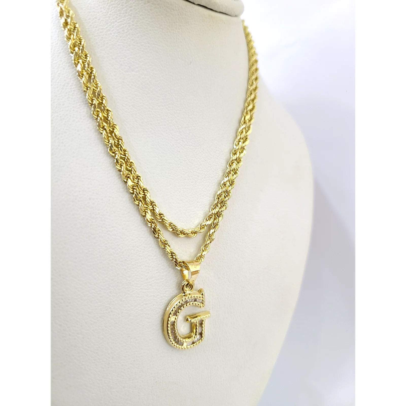 10k 2.5mm Rope Chain G Initial Alphabet Pendant 16"-28" Gold Set Charm Necklace - Image 2