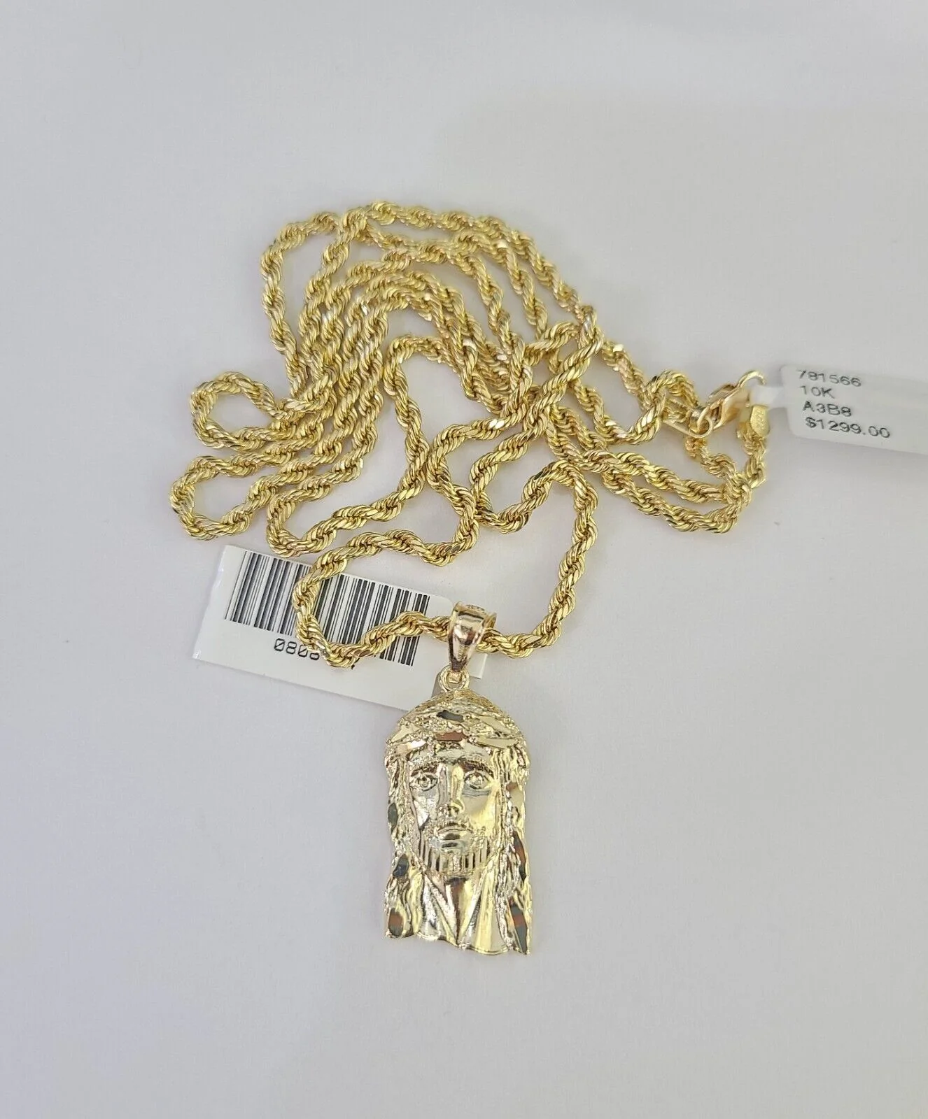 10k 2.5mm Rope Chain Jesus Head Pendant 18"-30" Yellow Gold Set Charm Necklace - Image 6