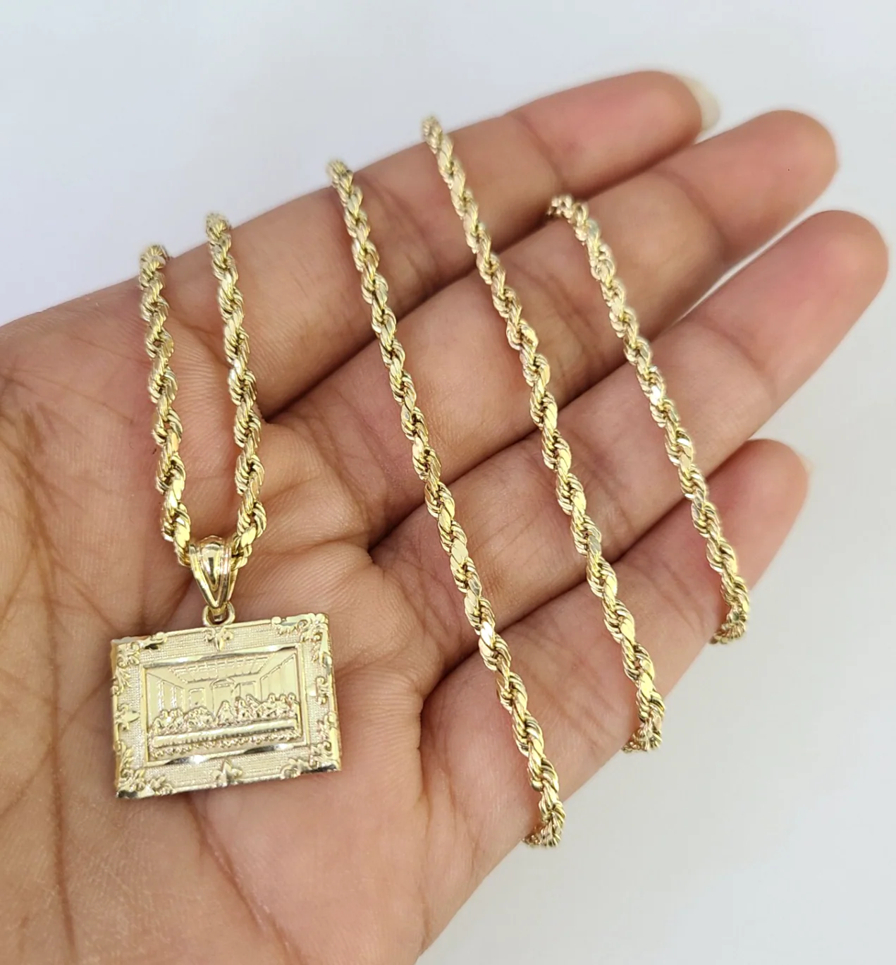 10k 2.5mm Rope Chain Last Supper Pendant 18"28" Gold Set Charm Necklace - Image 4