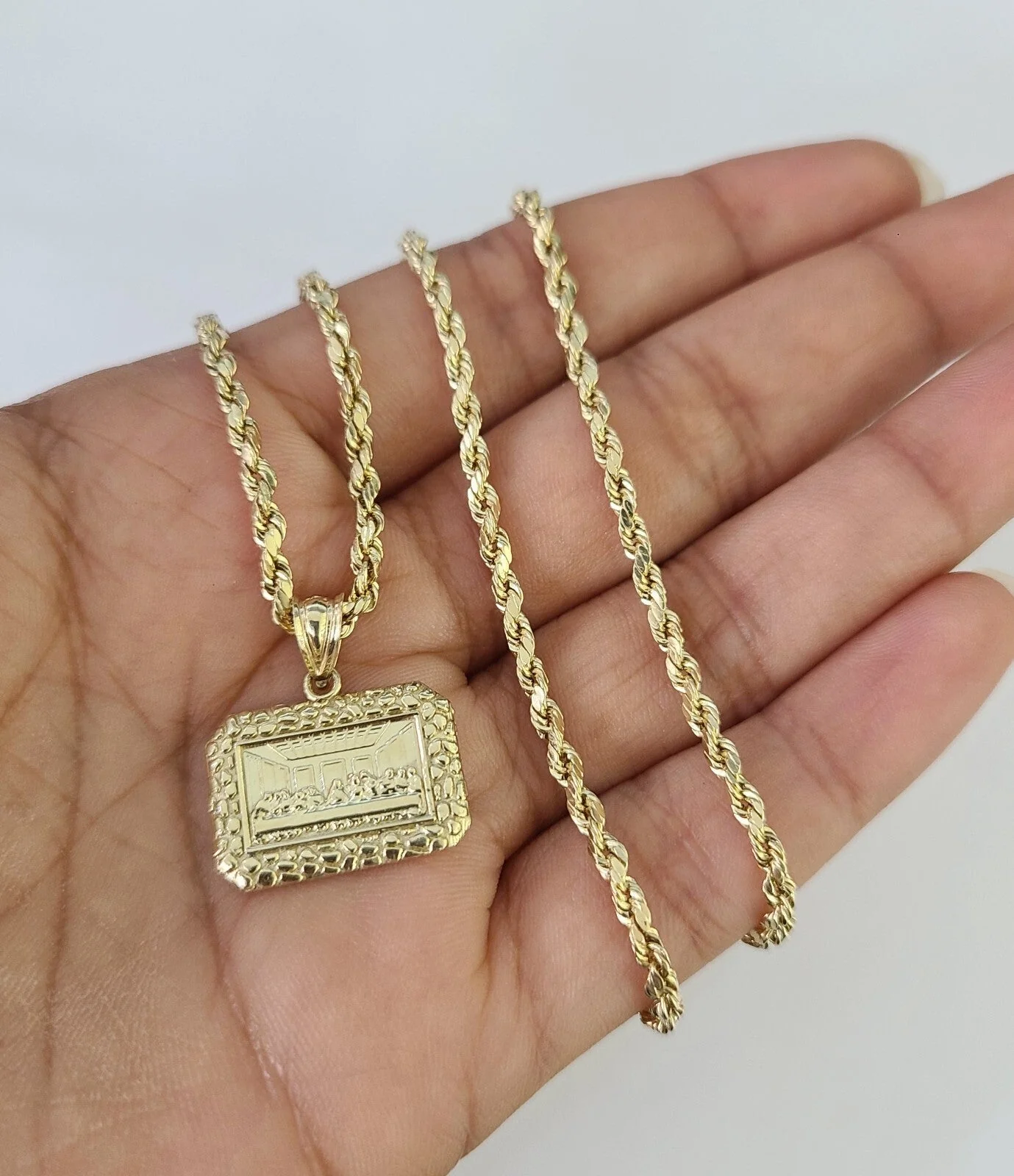 10k 2.5mm Rope Chain Last Supper Pendant Nugget 18"28" Gold Set Charm Necklace - Image 4