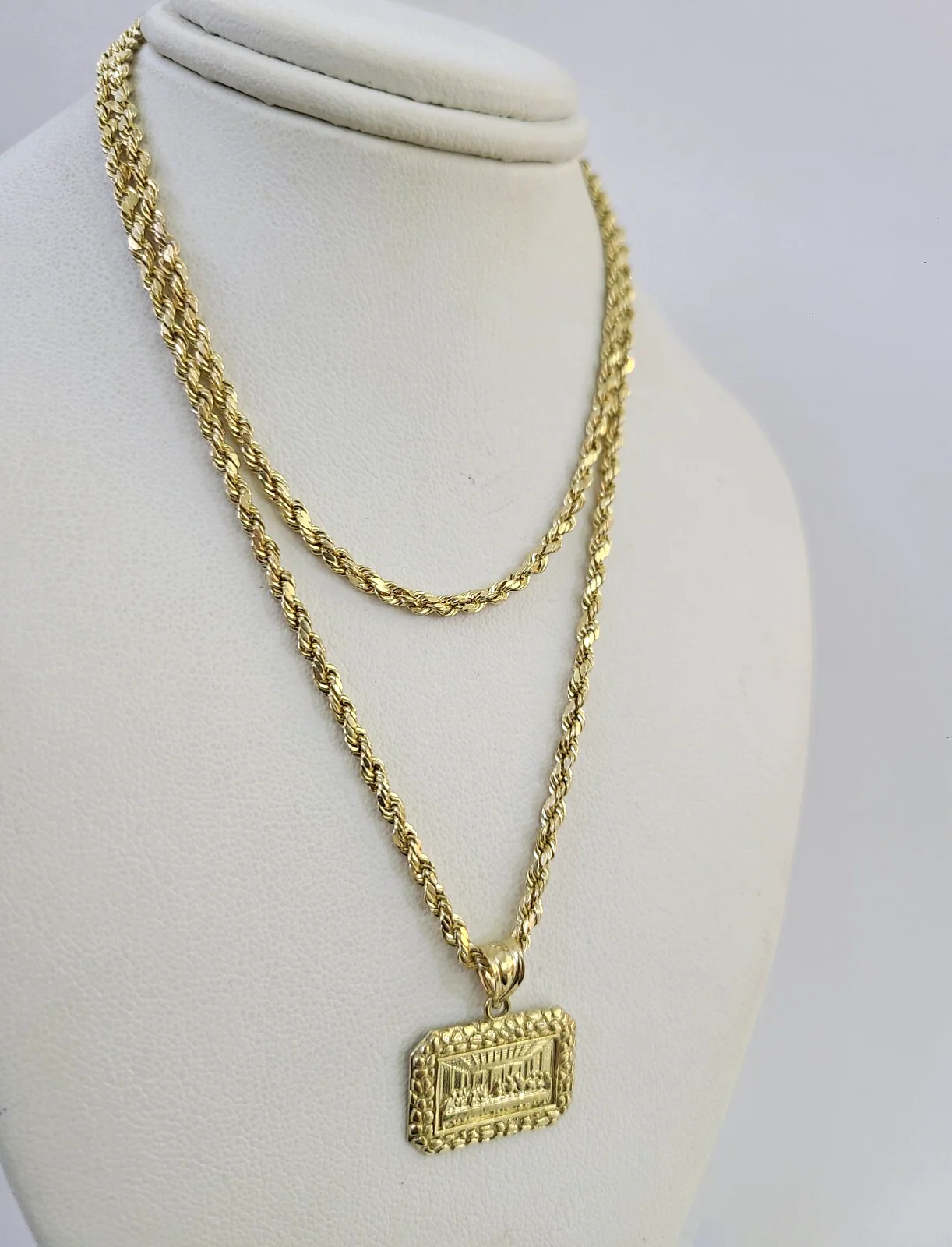 10k 2.5mm Rope Chain Last Supper Pendant Nugget 18"28" Gold Set Charm Necklace - Image 6