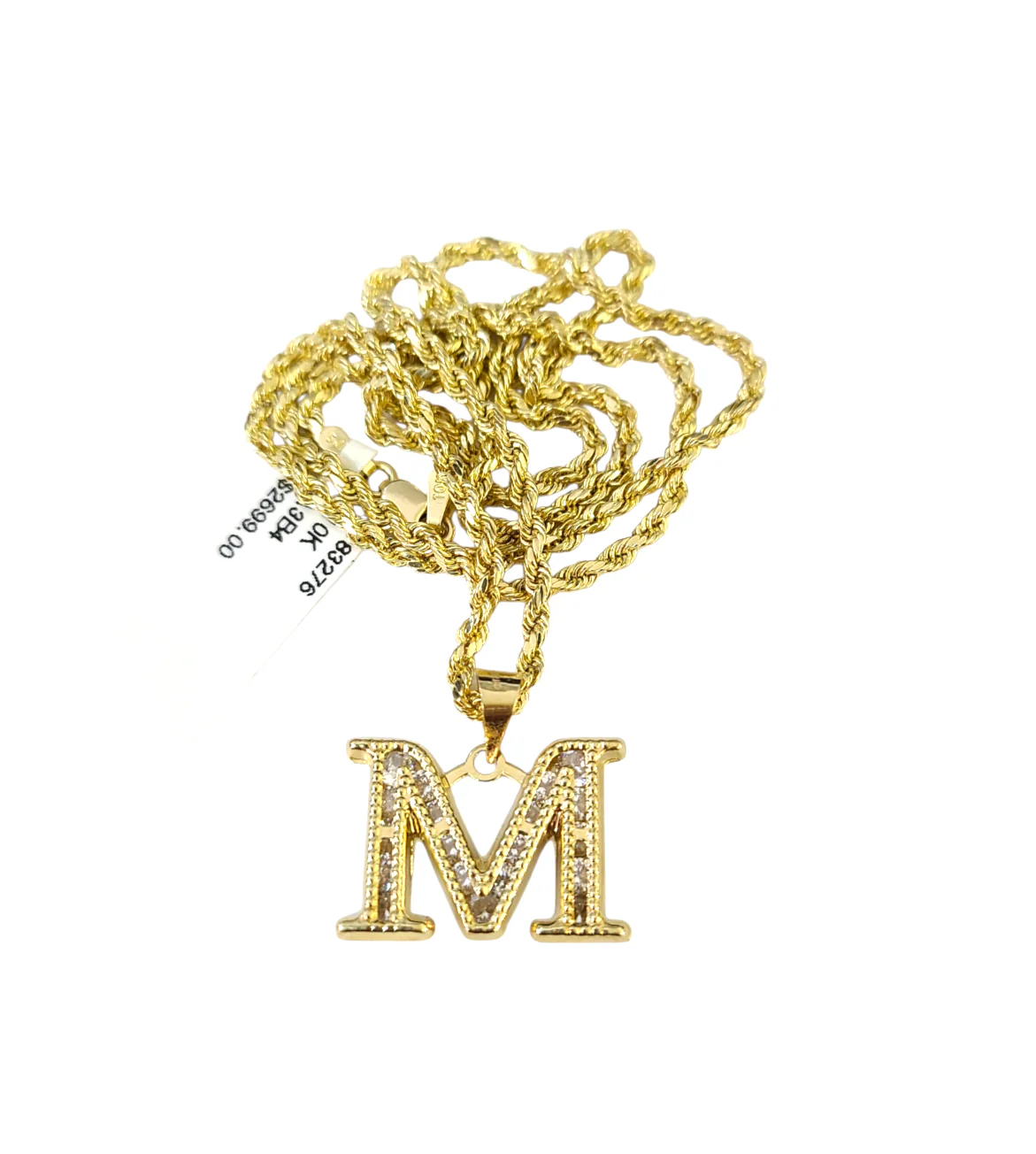 10k 2.5mm Rope Chain M Initial Alphabet Pendant 16"-28" Gold Set Charm Necklace - Image 5