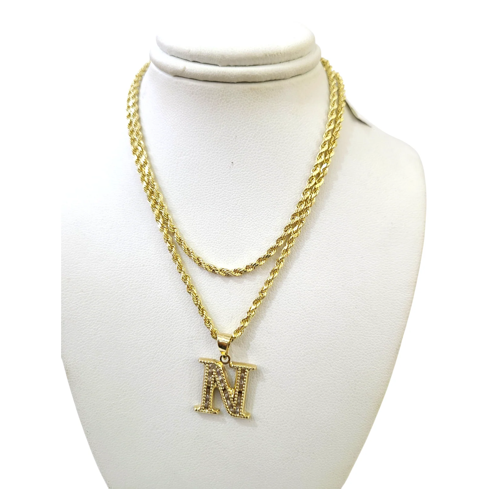 10k 2.5mm Rope Chain N Initial Alphabet Pendant 16"-28" Gold Set Charm Necklace - Image 3