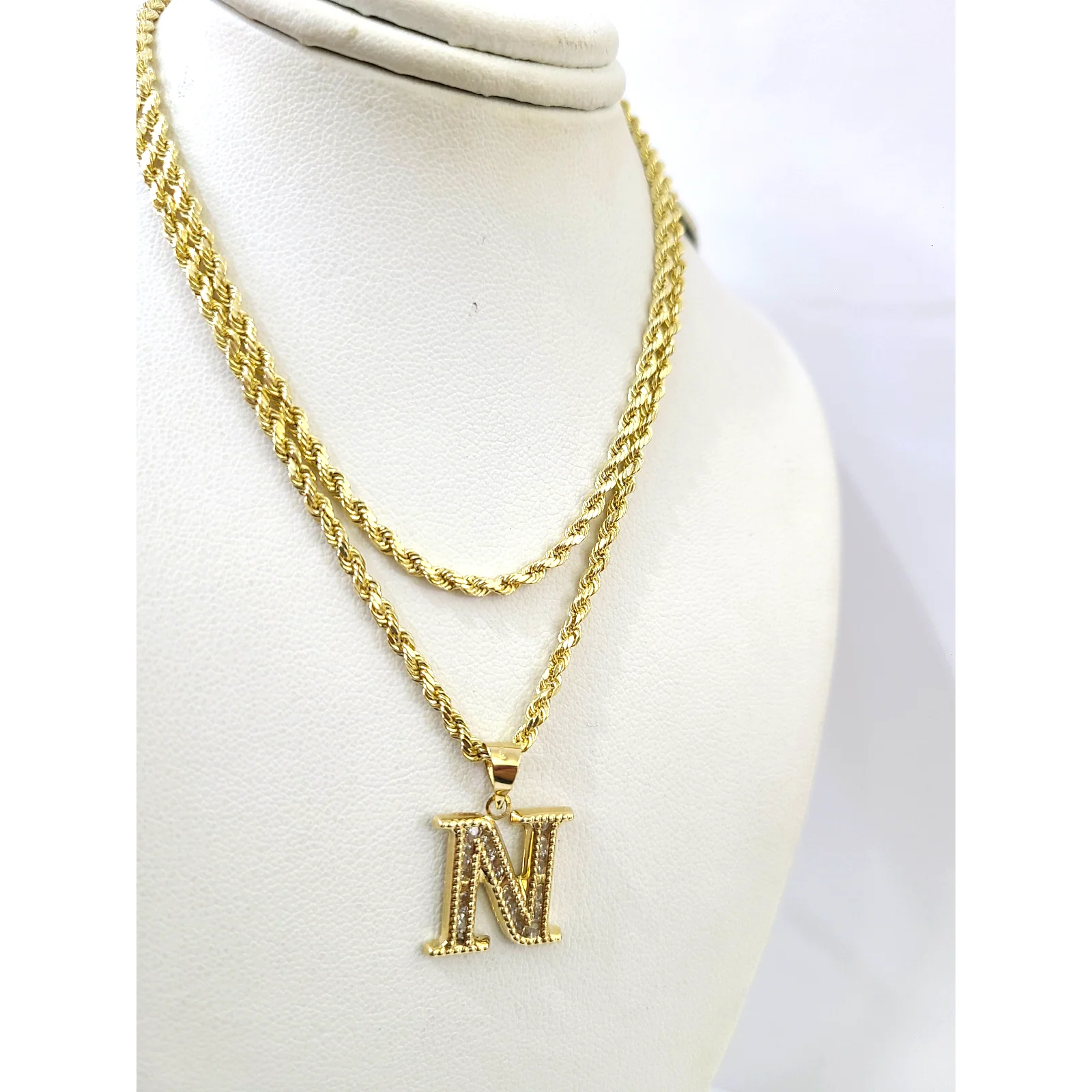 10k 2.5mm Rope Chain N Initial Alphabet Pendant 16"-28" Gold Set Charm Necklace - Image 6