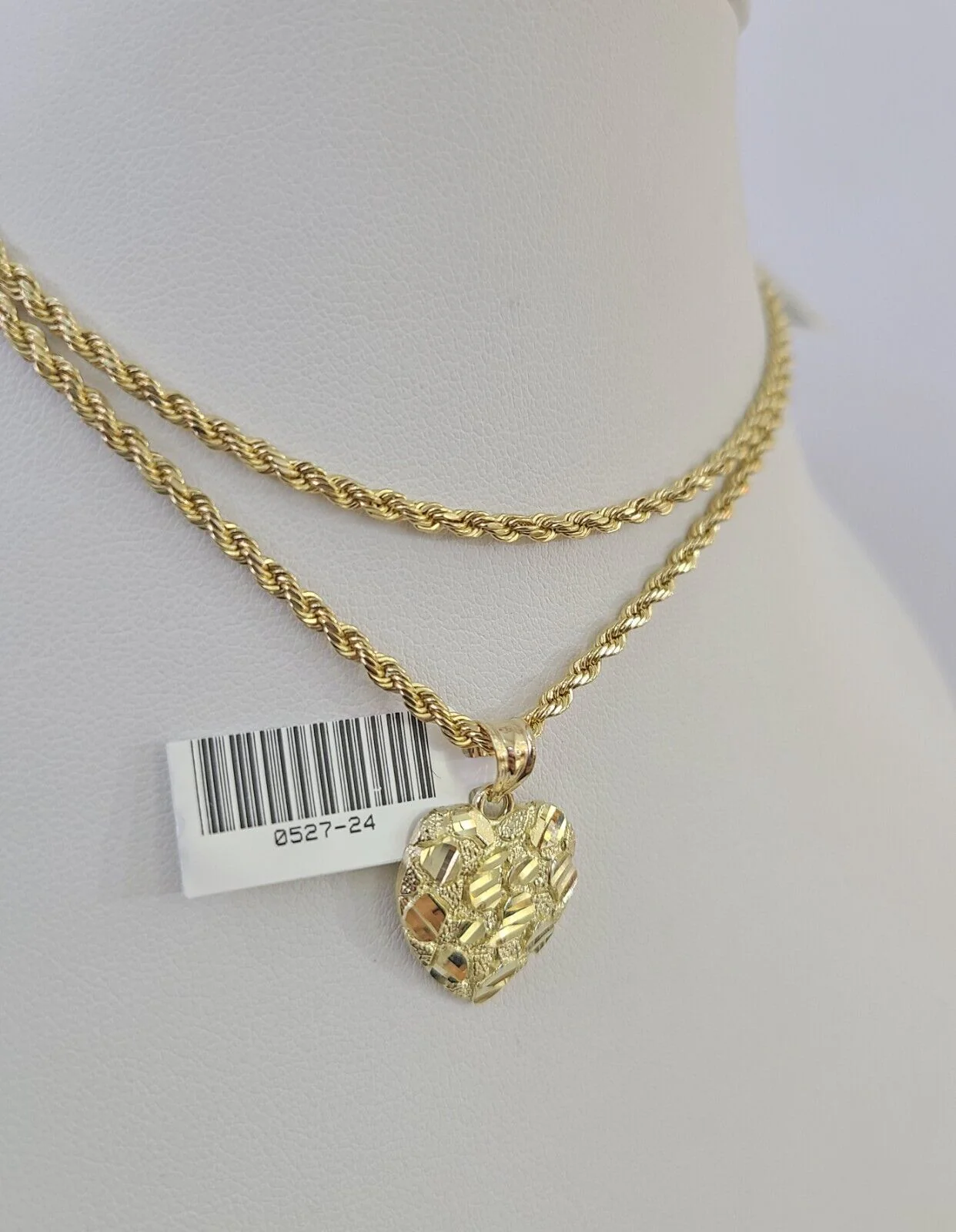 10k 2.5mm Rope Chain Nugget Heart Pendant 18"-30" Yellow Gold Set Charm Necklace - Image 2