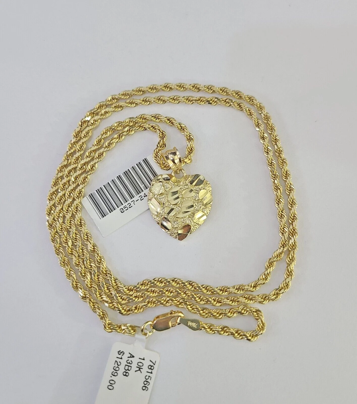 10k 2.5mm Rope Chain Nugget Heart Pendant 18"-30" Yellow Gold Set Charm Necklace - Image 5