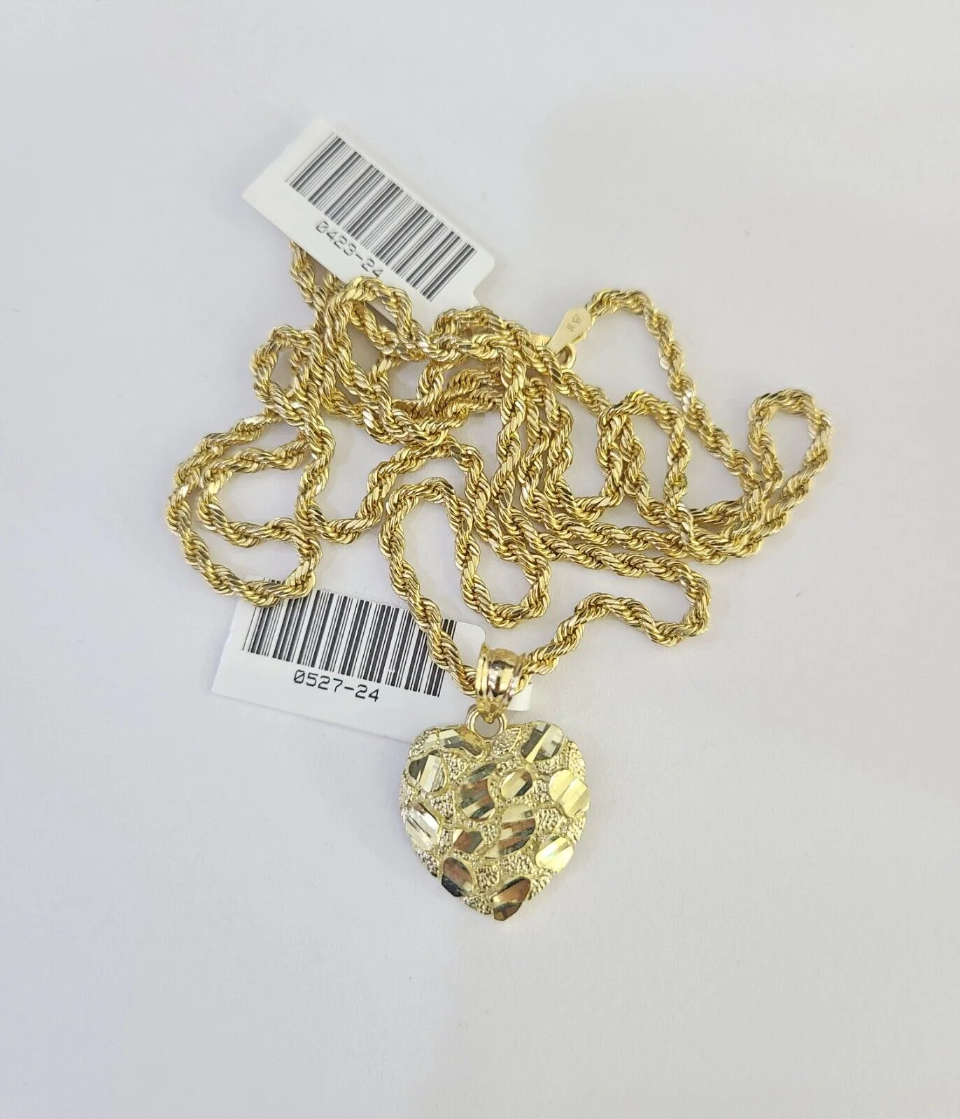 10k 2.5mm Rope Chain Nugget Heart Pendant 18"-30" Yellow Gold Set Charm Necklace - Image 7
