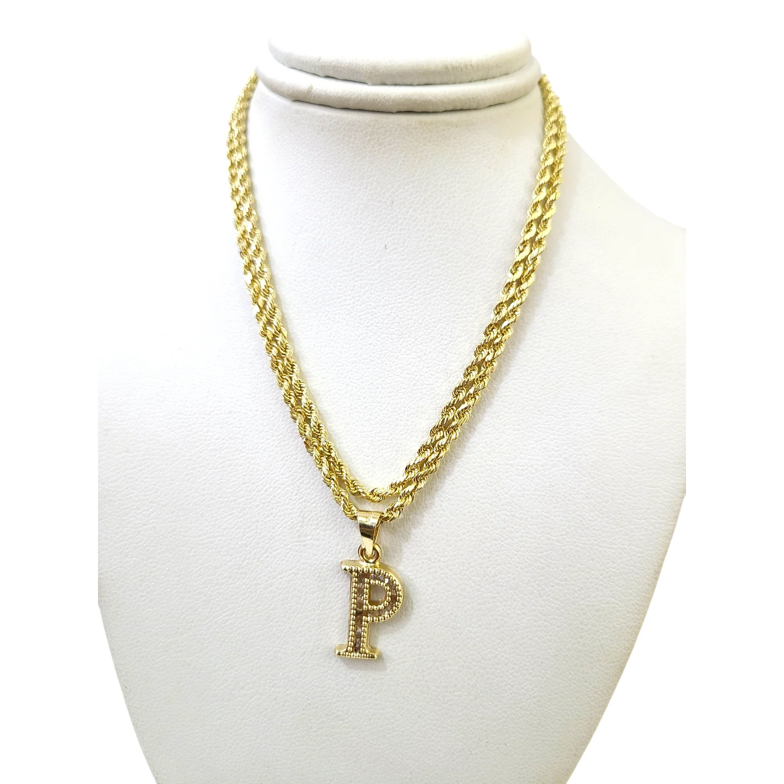10k 2.5mm Rope Chain P Initial Alphabet Pendant 16"-28" Gold Set Charm Necklace - Image 4