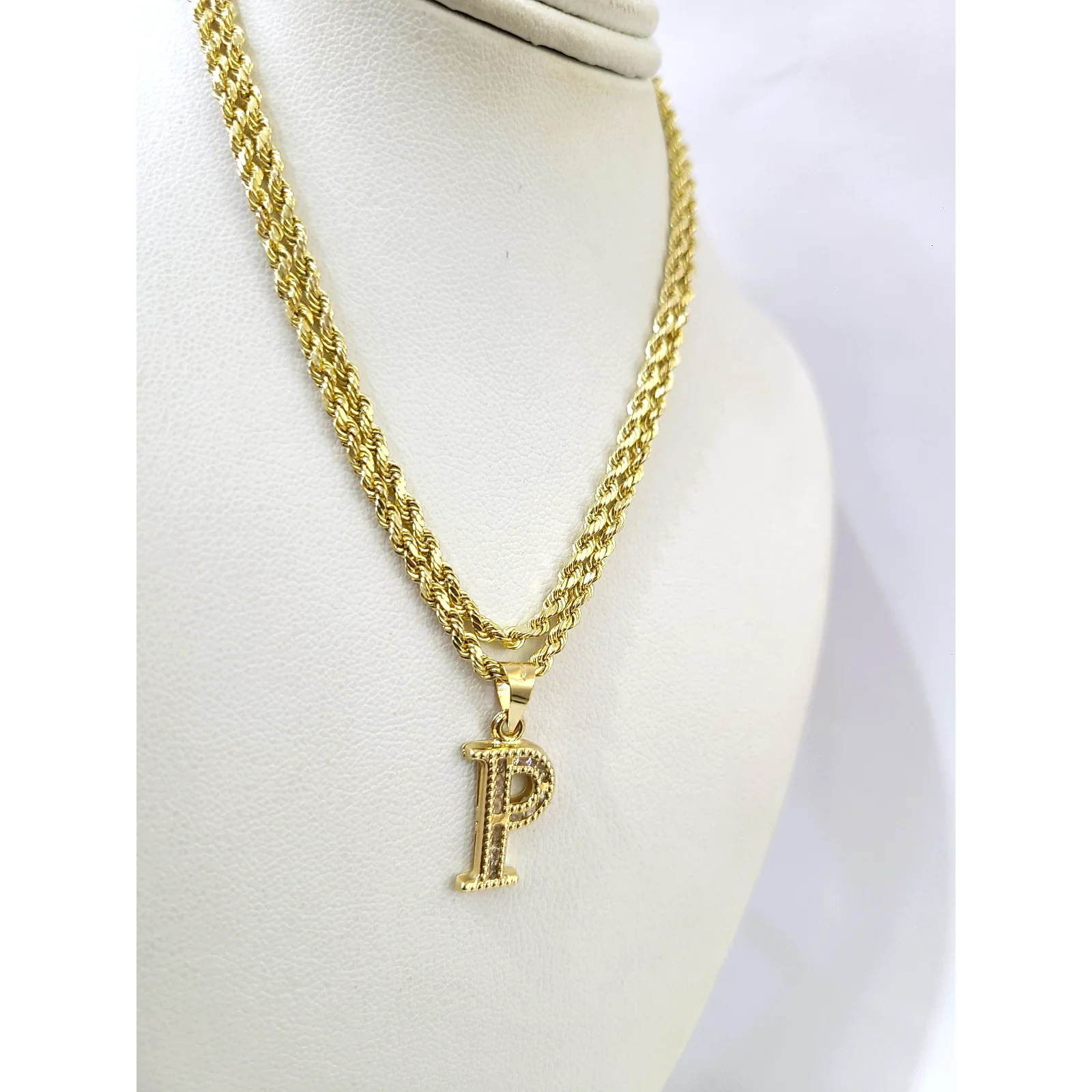 10k 2.5mm Rope Chain P Initial Alphabet Pendant 16"-28" Gold Set Charm Necklace - Image 6