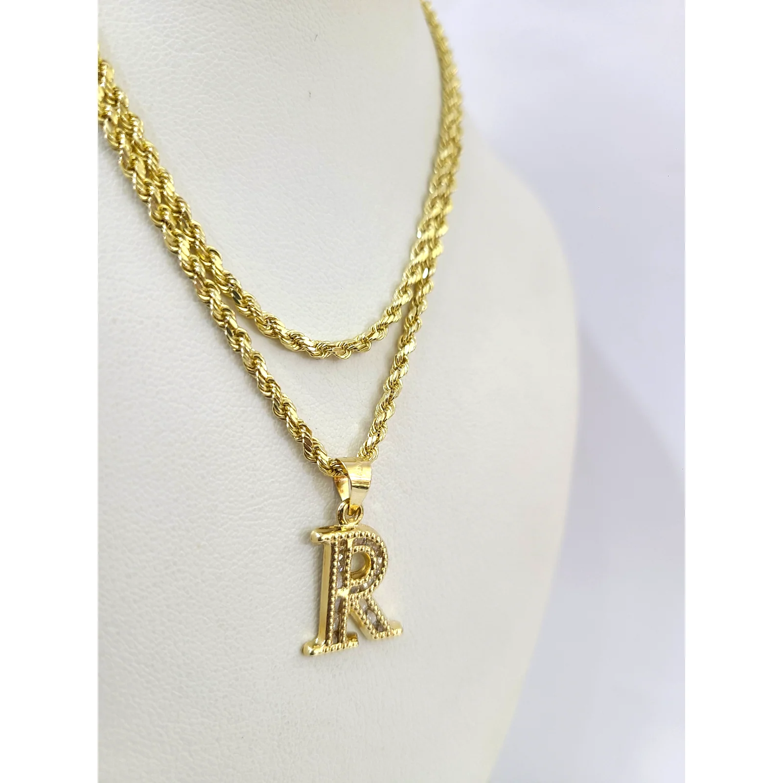 10k 2.5mm Rope Chain R Initial Alphabet Pendant 16"-28" Gold Set Charm Necklace - Image 2