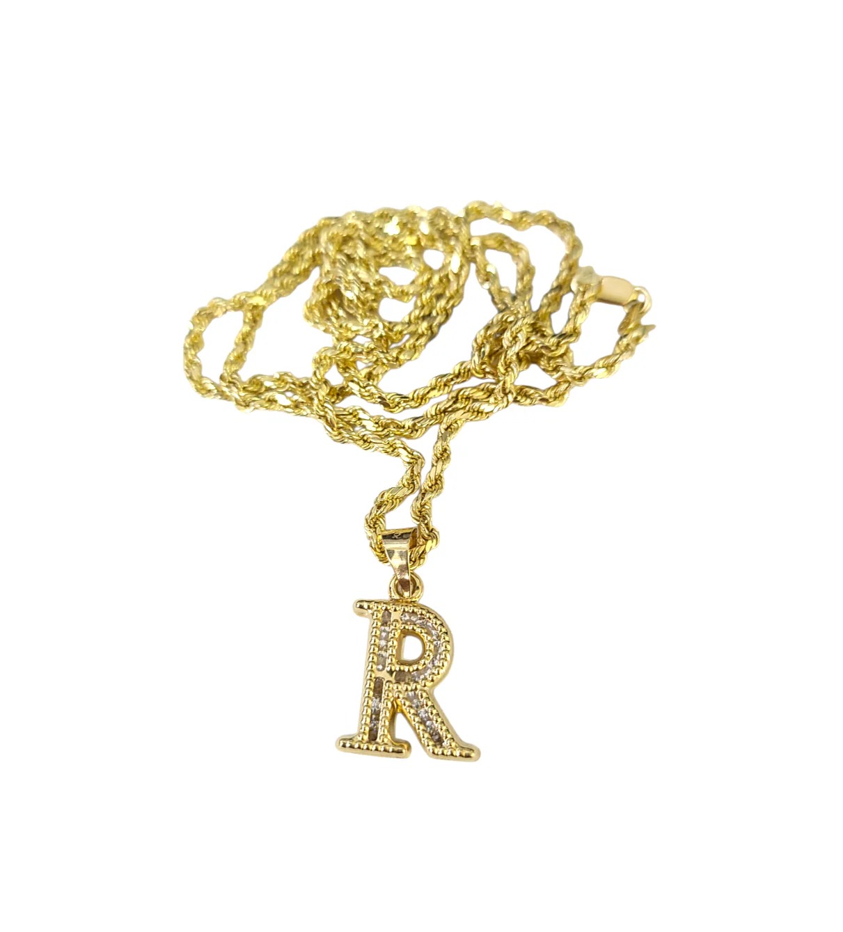 10k 2.5mm Rope Chain R Initial Alphabet Pendant 16"-28" Gold Set Charm Necklace - Image 6