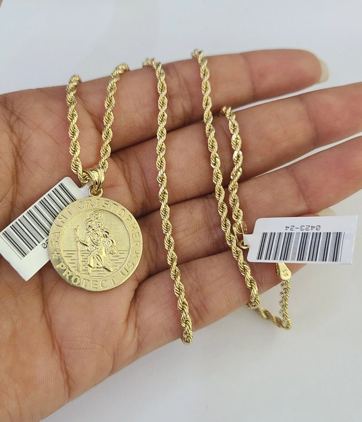 10k 2.5mm Rope Chain Saint Christopher Pendant 18"-30" Gold Set Charm Necklace - Image 4