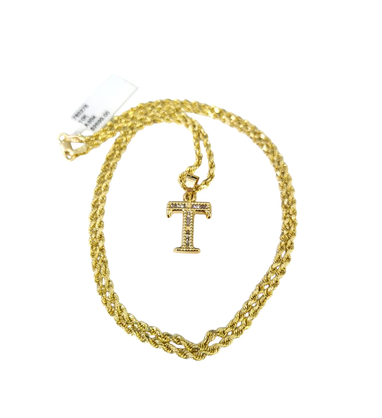 10k 2.5mm Rope Chain T Initial Alphabet Pendant 16"-28" Gold Set Charm Necklace - Image 2