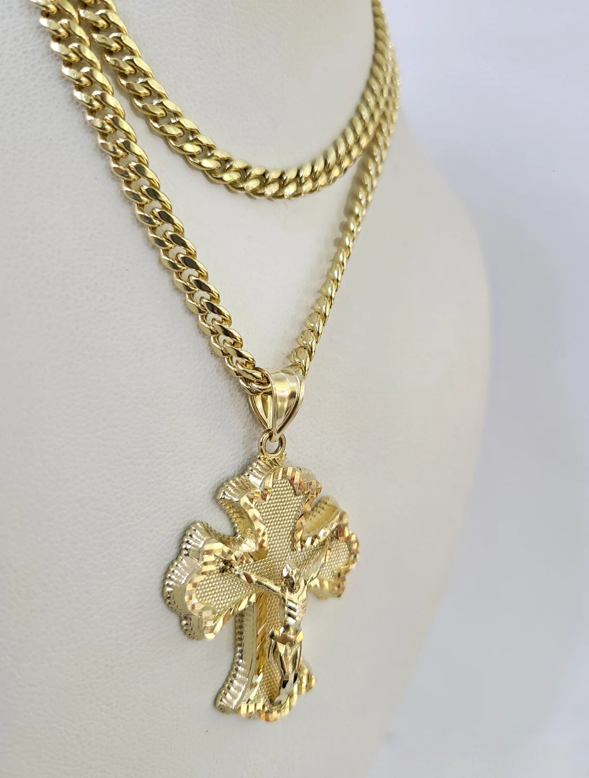10k Crucifix Cross Charm Miami Cuban Chain Pendant Set 5mm 18"28" Necklace Gold - Image 4