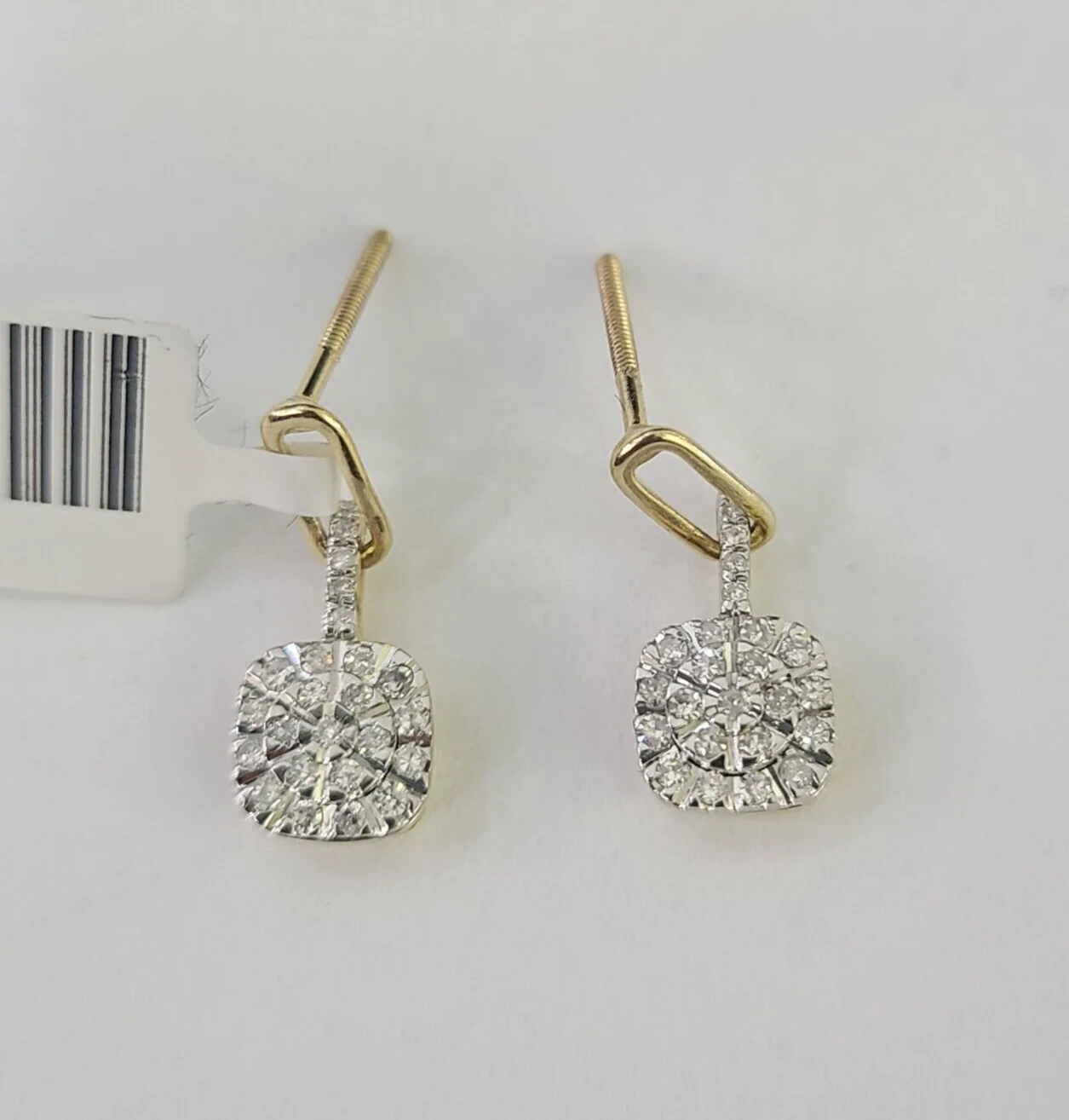 10k Diamond Cushion Earrings Ladies Drop Yellow gold Real Screw-Back studs - Image 3
