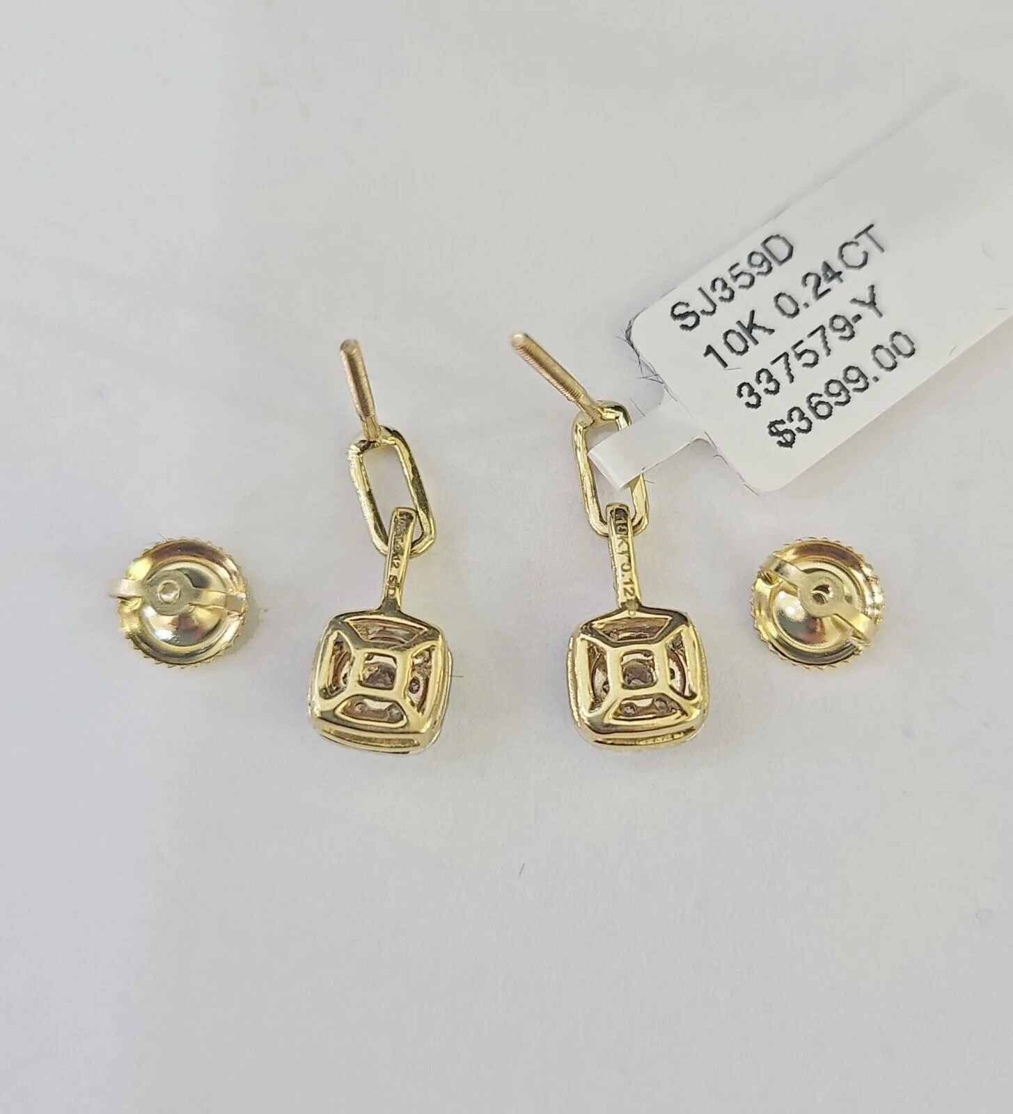 10k Diamond Cushion Earrings Ladies Drop Yellow gold Real Screw-Back studs - Image 4