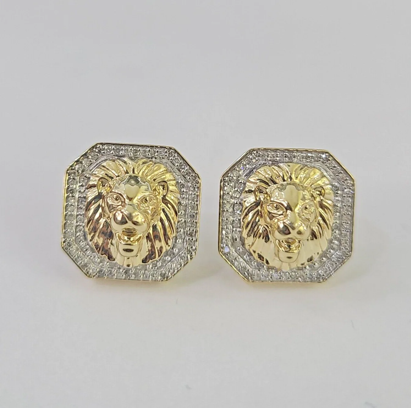 10k Diamond Lion Earrings Yellow gold Real Screw-Back Women Men studs - Image 3
