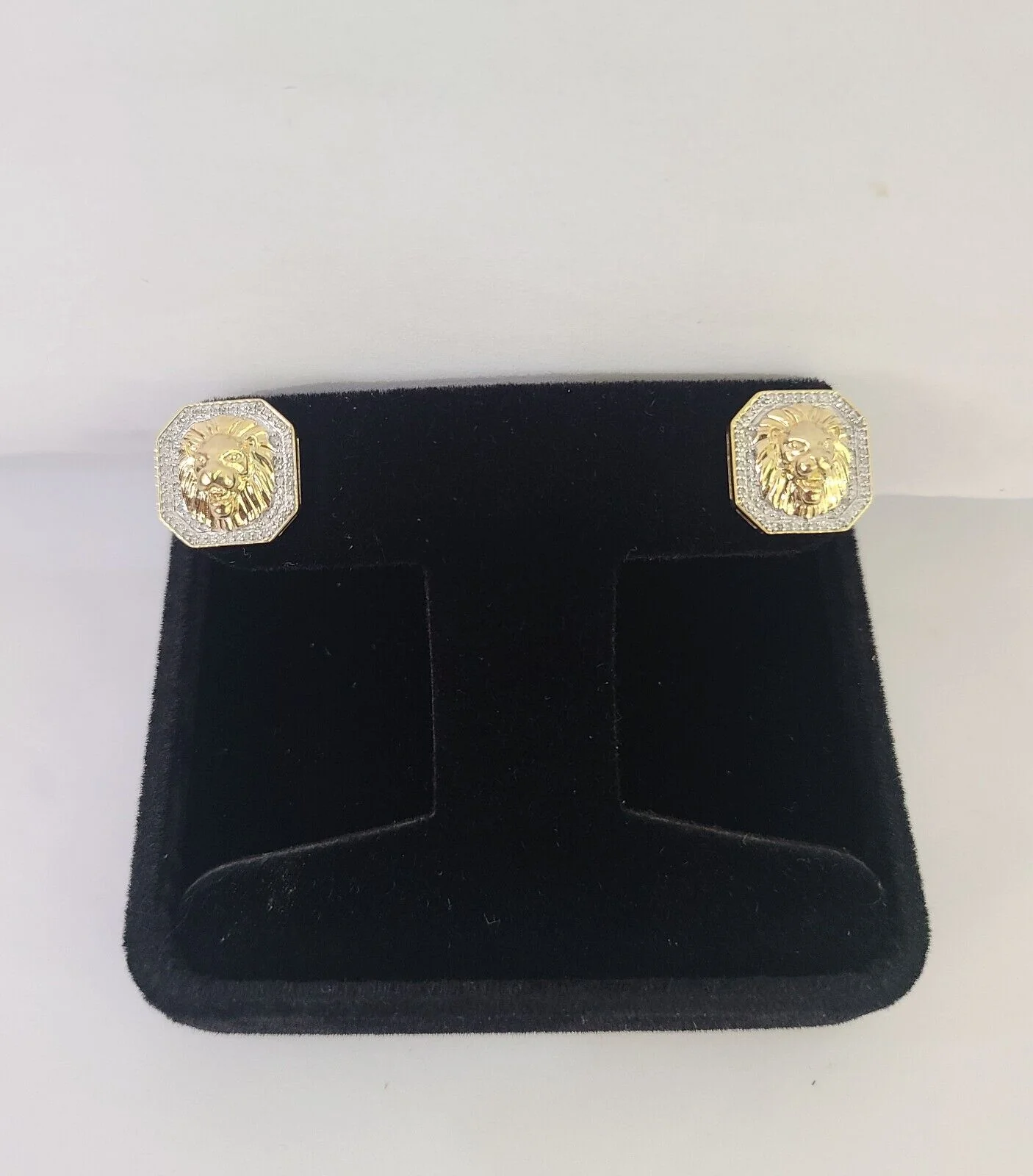 10k Diamond Lion Earrings Yellow gold Real Screw-Back Women Men studs - Image 4