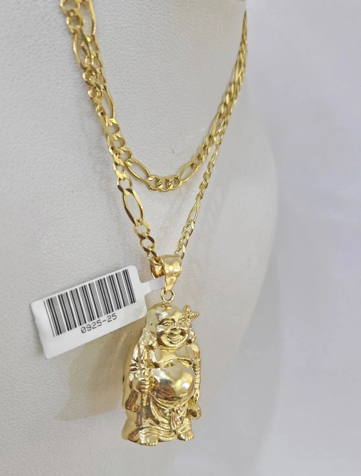 10k Figaro Chain Laughing Buddha Pendant Charm Gold 3mm 20-28 inch SET Necklace - Image 2