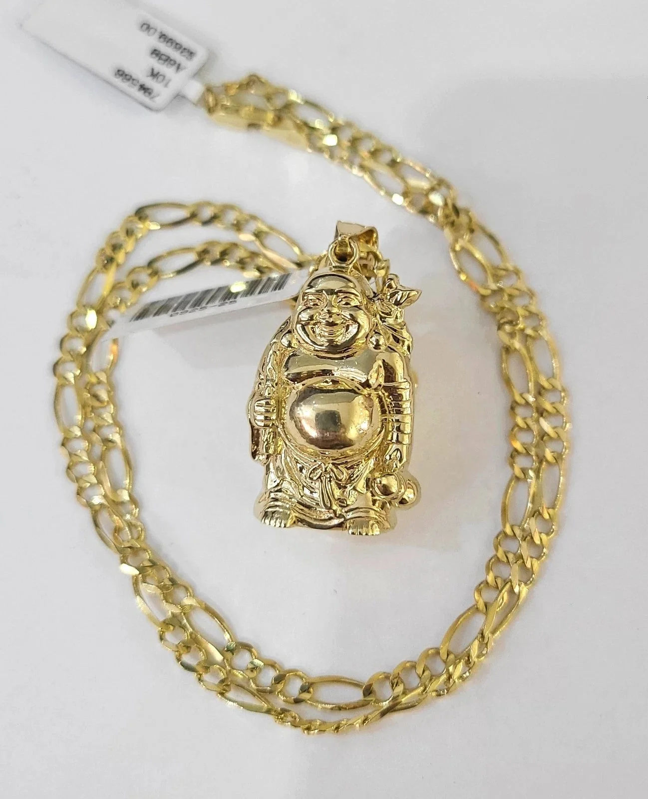 10k Figaro Chain Laughing Buddha Pendant Charm Gold 3mm 20-28 inch SET Necklace - Image 3