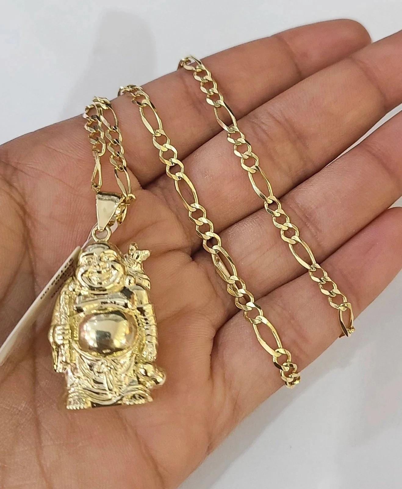 10k Figaro Chain Laughing Buddha Pendant Charm Gold 3mm 20-28 inch SET Necklace - Image 7