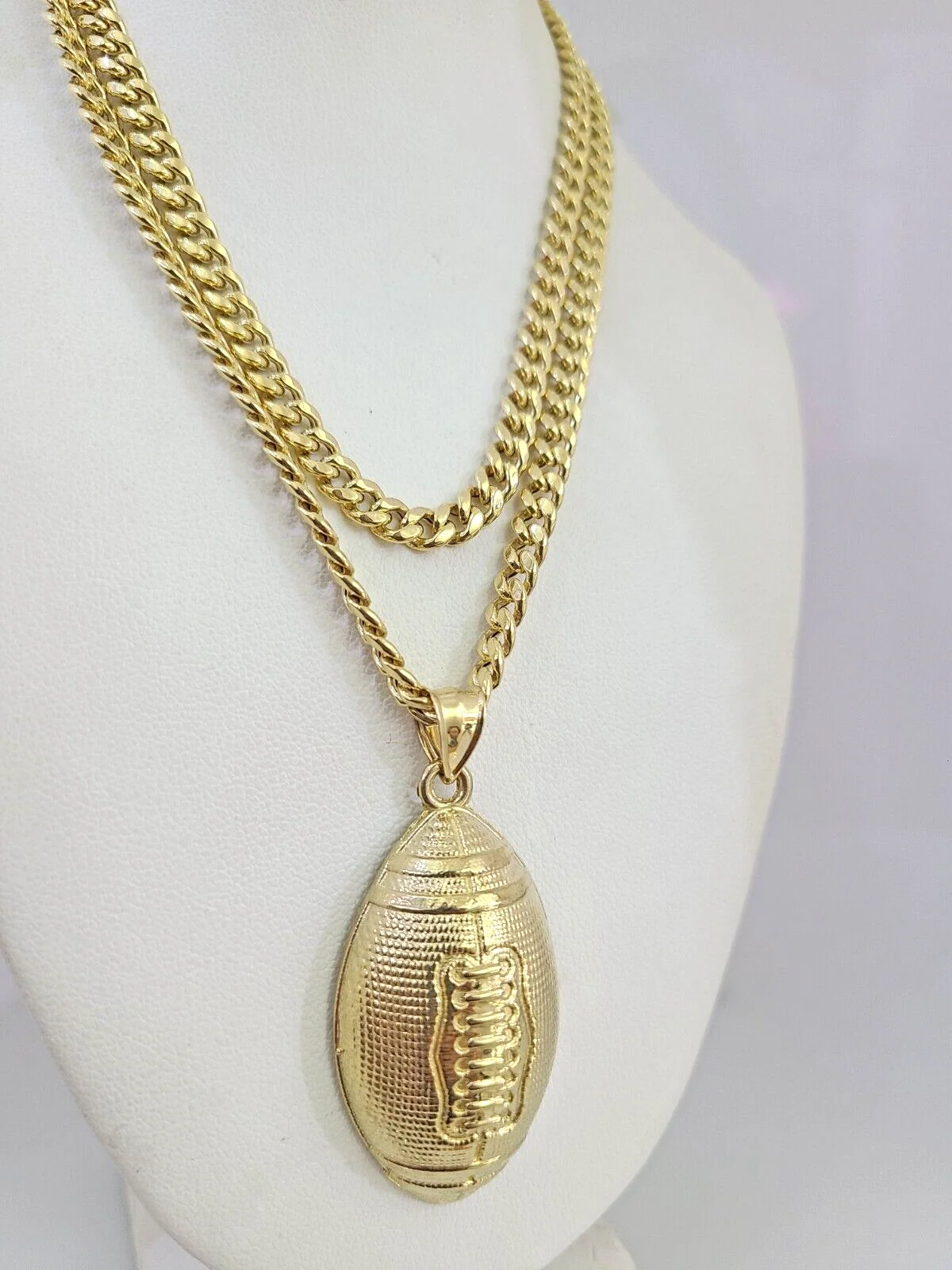 10k Foot Ball Charm Miami Cuban Chain Pendant Set 5mm Necklace Yellow Gold