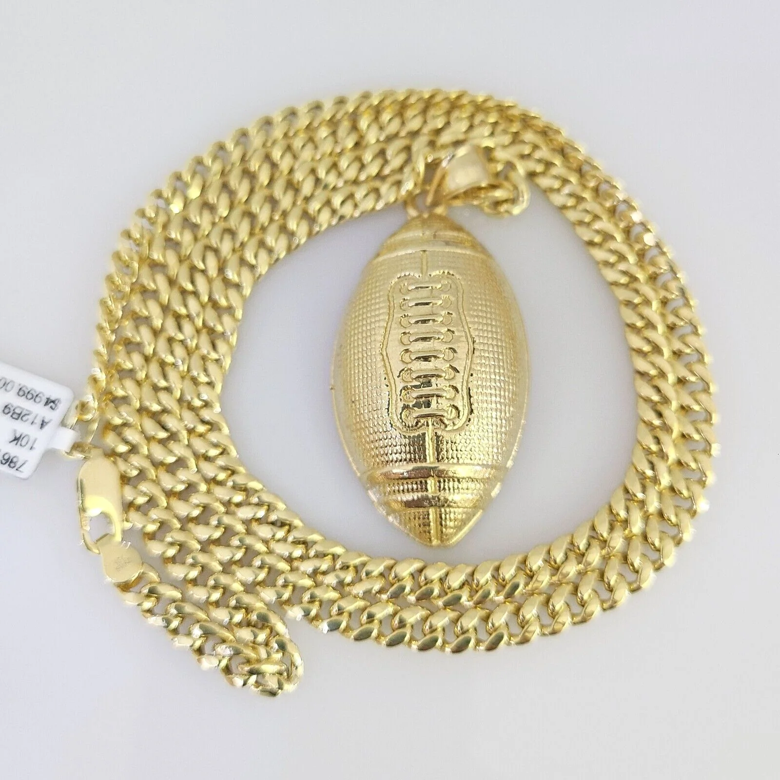 10k Foot Ball Charm Miami Cuban Chain Pendant Set 5mm Necklace Yellow Gold - Image 2