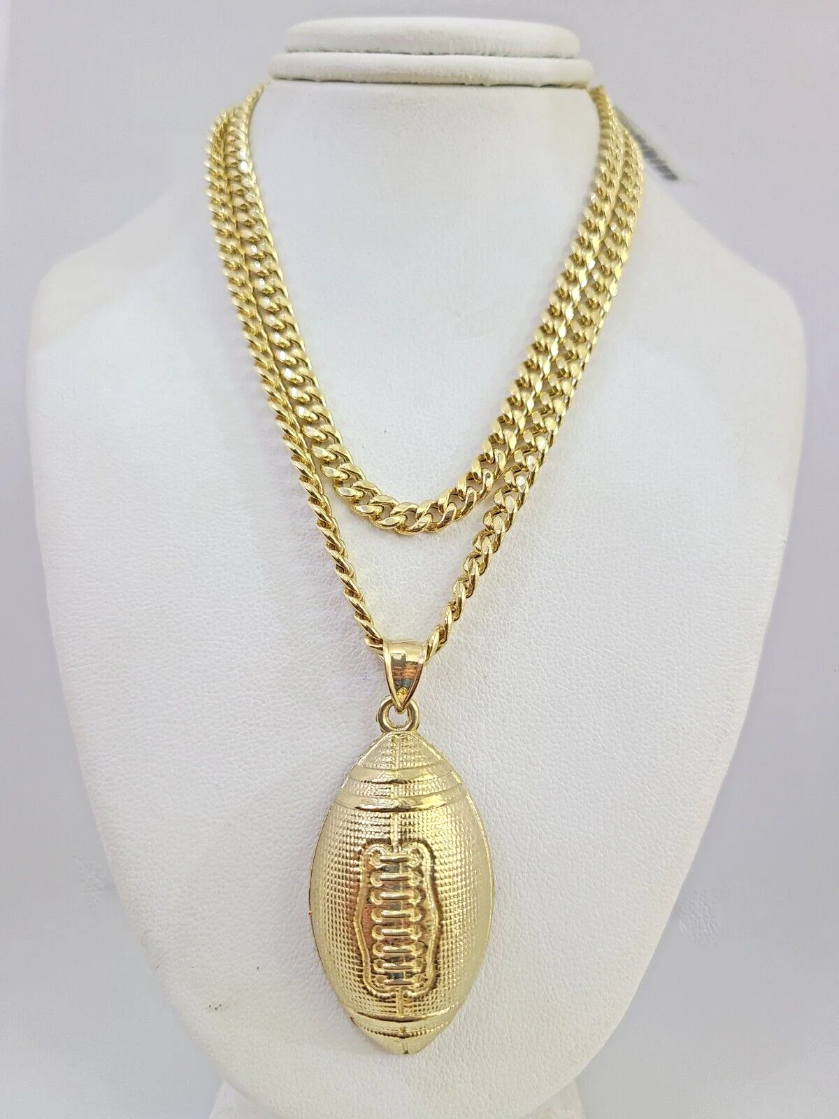 10k Foot Ball Charm Miami Cuban Chain Pendant Set 5mm Necklace Yellow Gold - Image 3
