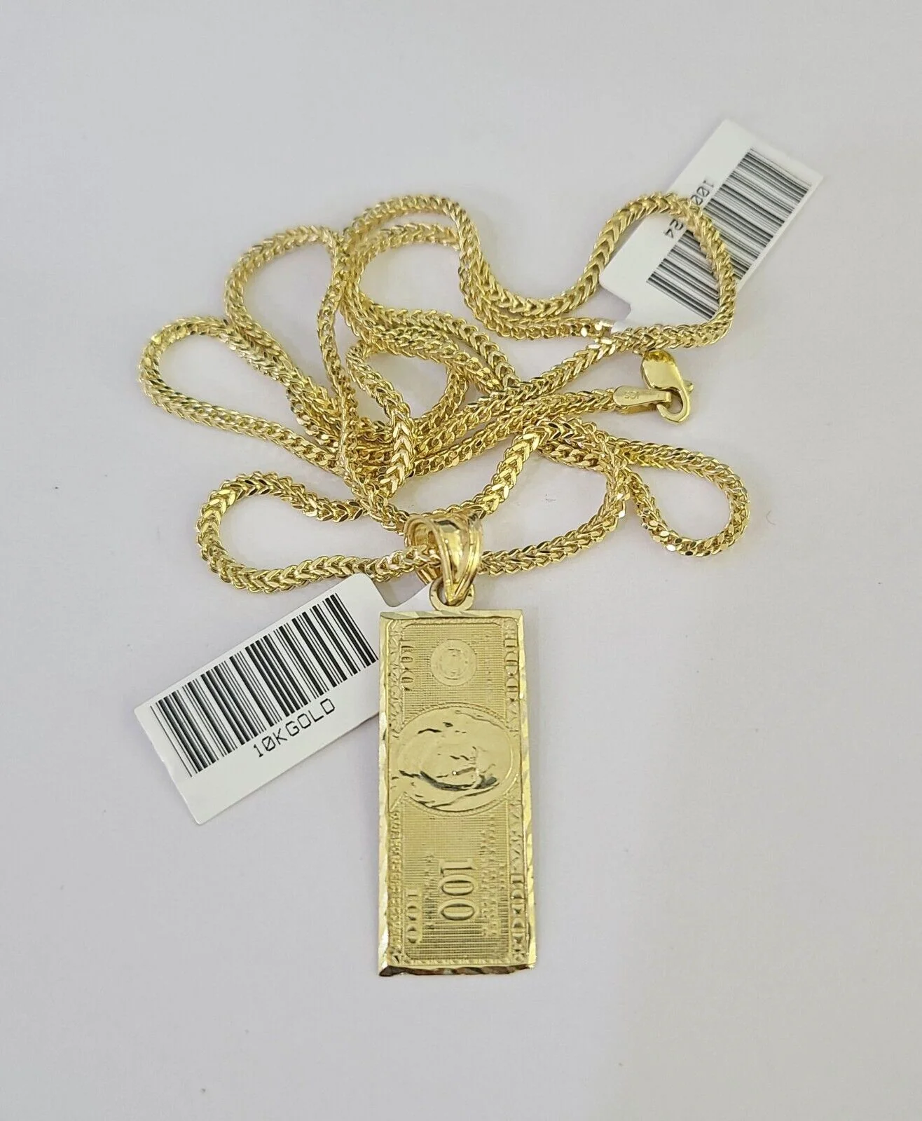 10K Franco Chain 100 Money Dollar Pendant Charm Necklace 16"-24" 2mm Gold SET - Image 4