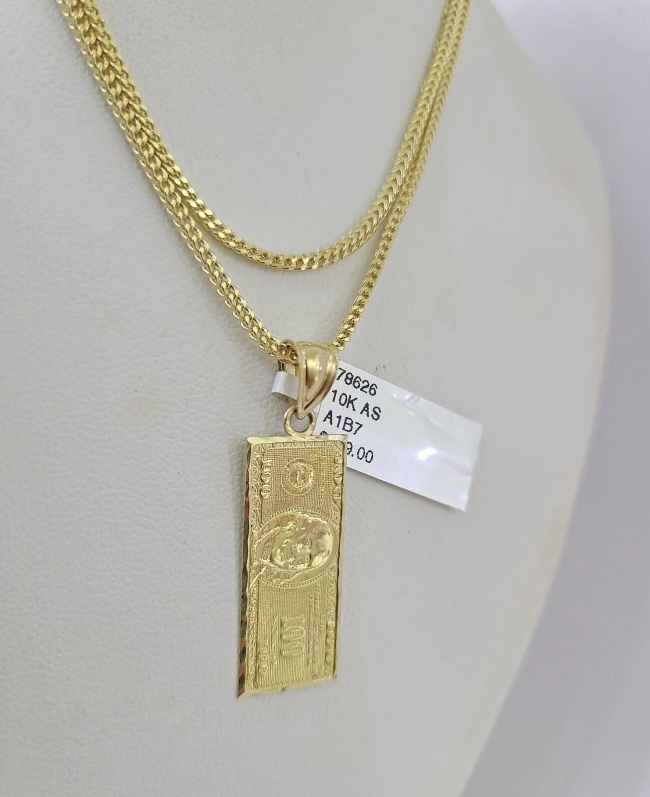 10K Franco Chain 100 Money Dollar Pendant Charm Necklace 16"-24" 2mm Gold SET - Image 6