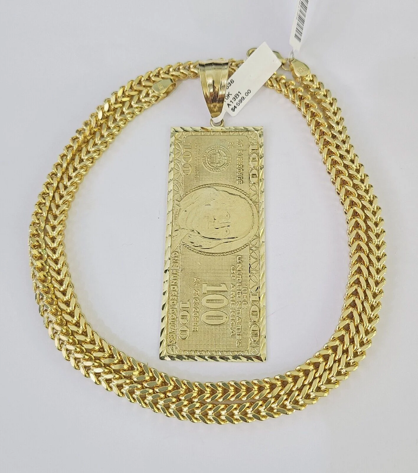 10K Franco Chain 100 Money Dollar Pendant Charm Necklace 20"-26" 5mm Gold SET - Image 4