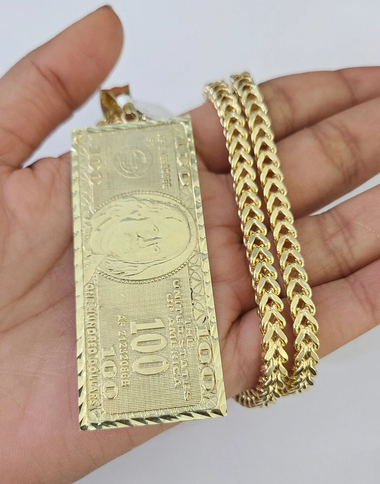 10K Franco Chain 100 Money Dollar Pendant Charm Necklace 20"-26" 5mm Gold SET - Image 5