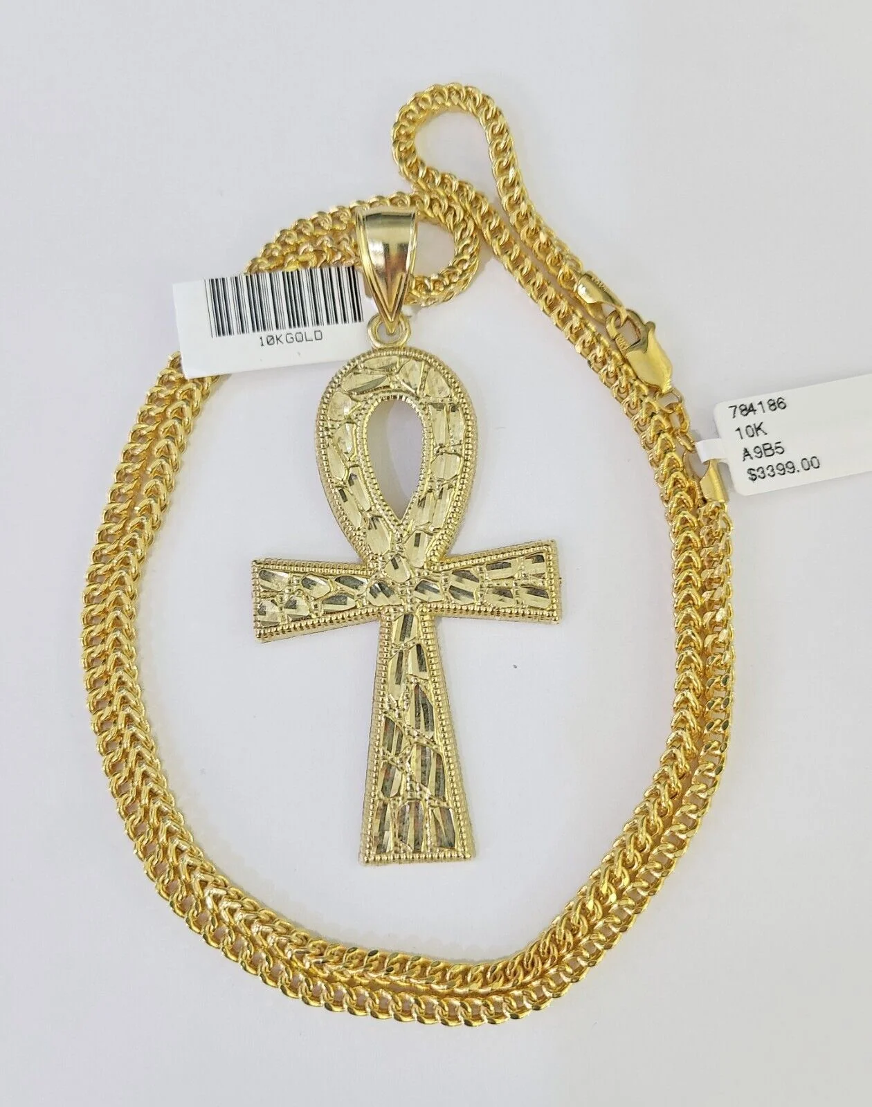 10K Franco Chain Ankh Cross Pendant Charm Necklace 20"-26" 3mm Gold - Image 2