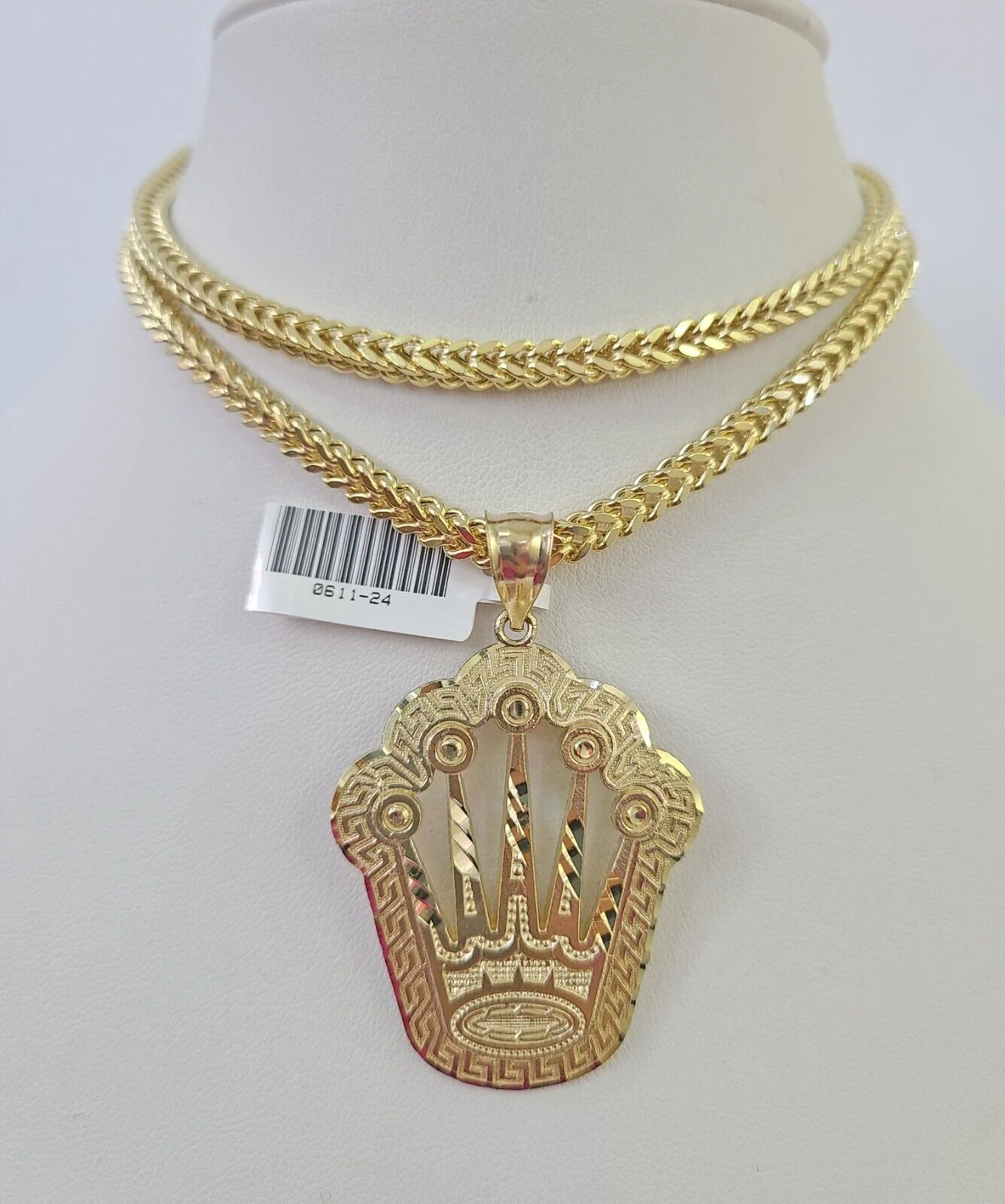 10K Franco Chain Crown Pendant Charm Necklace 20"-28" 4mm Gold SET Yellow - Image 5