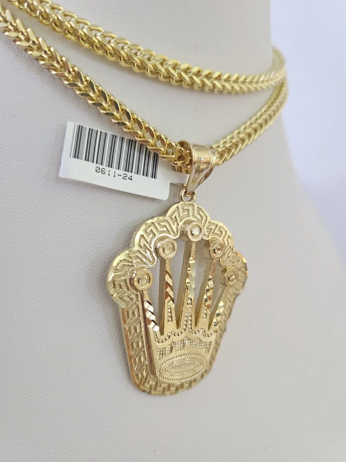 10K Franco Chain Crown Pendant Charm Necklace 20"-28" 4mm Gold SET Yellow - Image 6