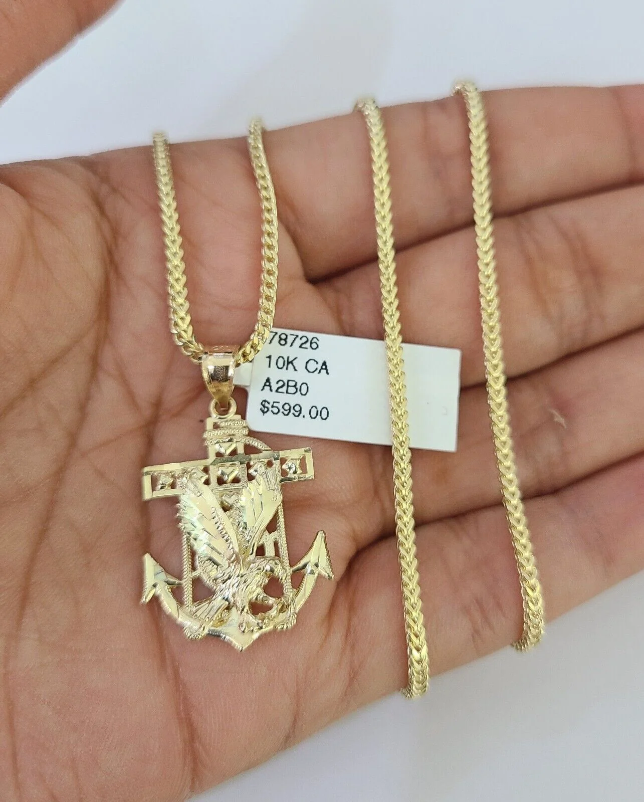 10K Franco Chain Eagle Anchor Pendant Charm Necklace 16"-24" 2mm Gold SET Yellow - Image 2