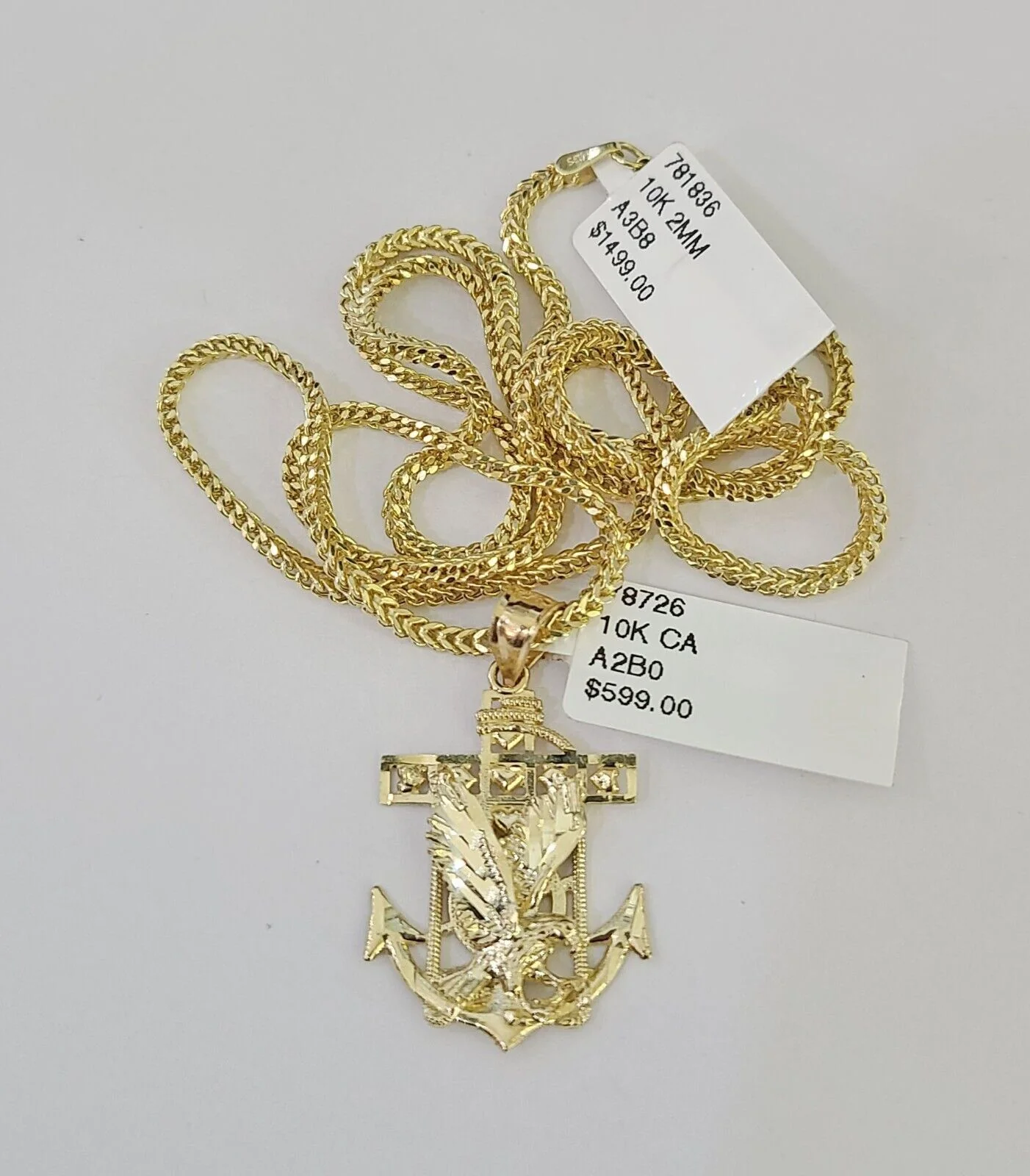 10K Franco Chain Eagle Anchor Pendant Charm Necklace 16"-24" 2mm Gold SET Yellow - Image 3