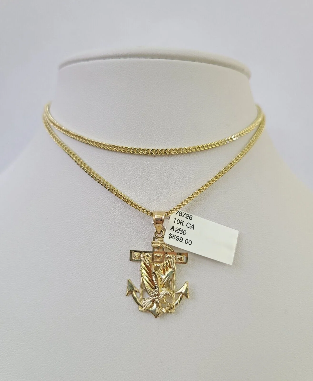 10K Franco Chain Eagle Anchor Pendant Charm Necklace 16"-24" 2mm Gold SET Yellow - Image 6