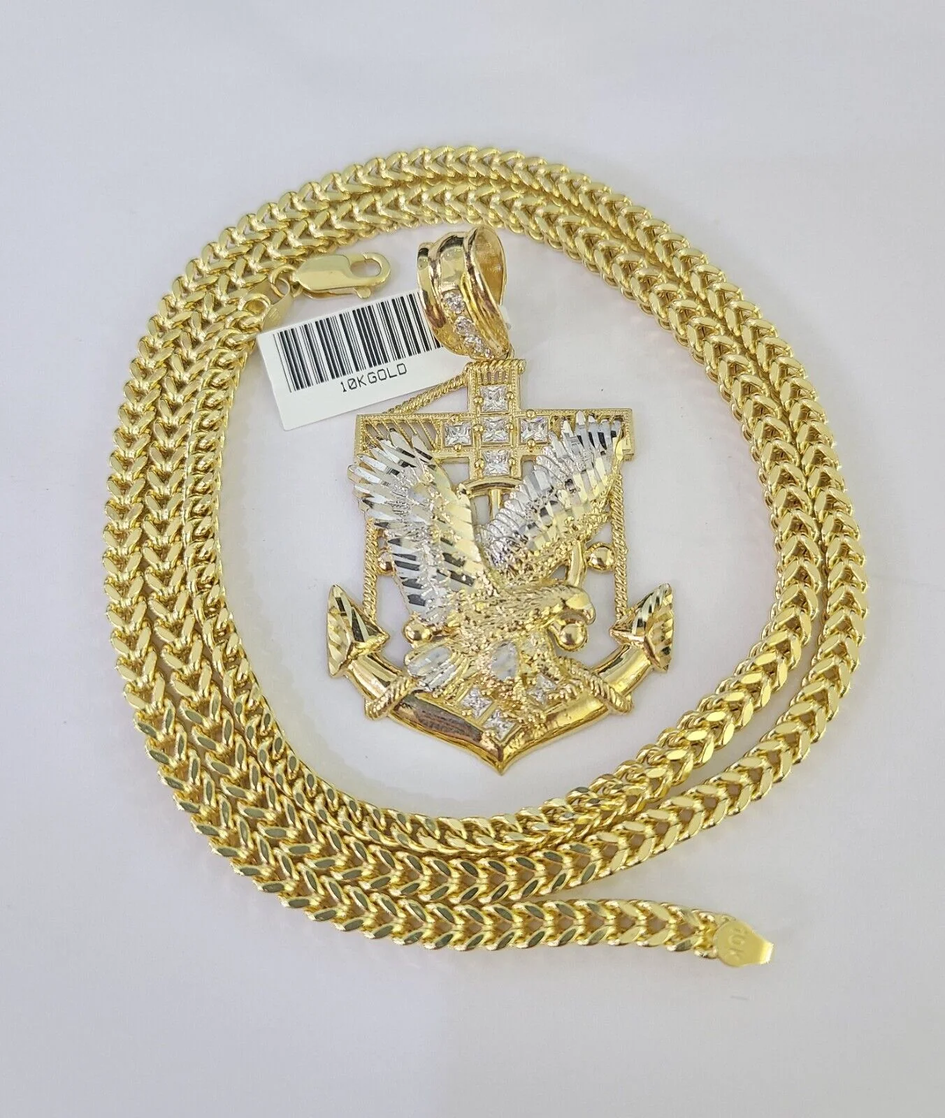 10K Franco Chain Eagle Anchor Pendant Charm Necklace 20"-28" 4mm Yellow Gold SET - Image 3