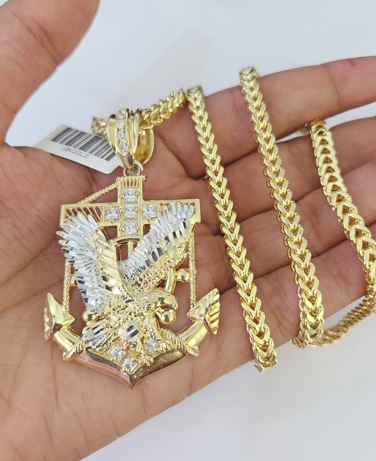 10K Franco Chain Eagle Anchor Pendant Charm Necklace 20"-28" 4mm Yellow Gold SET - Image 4