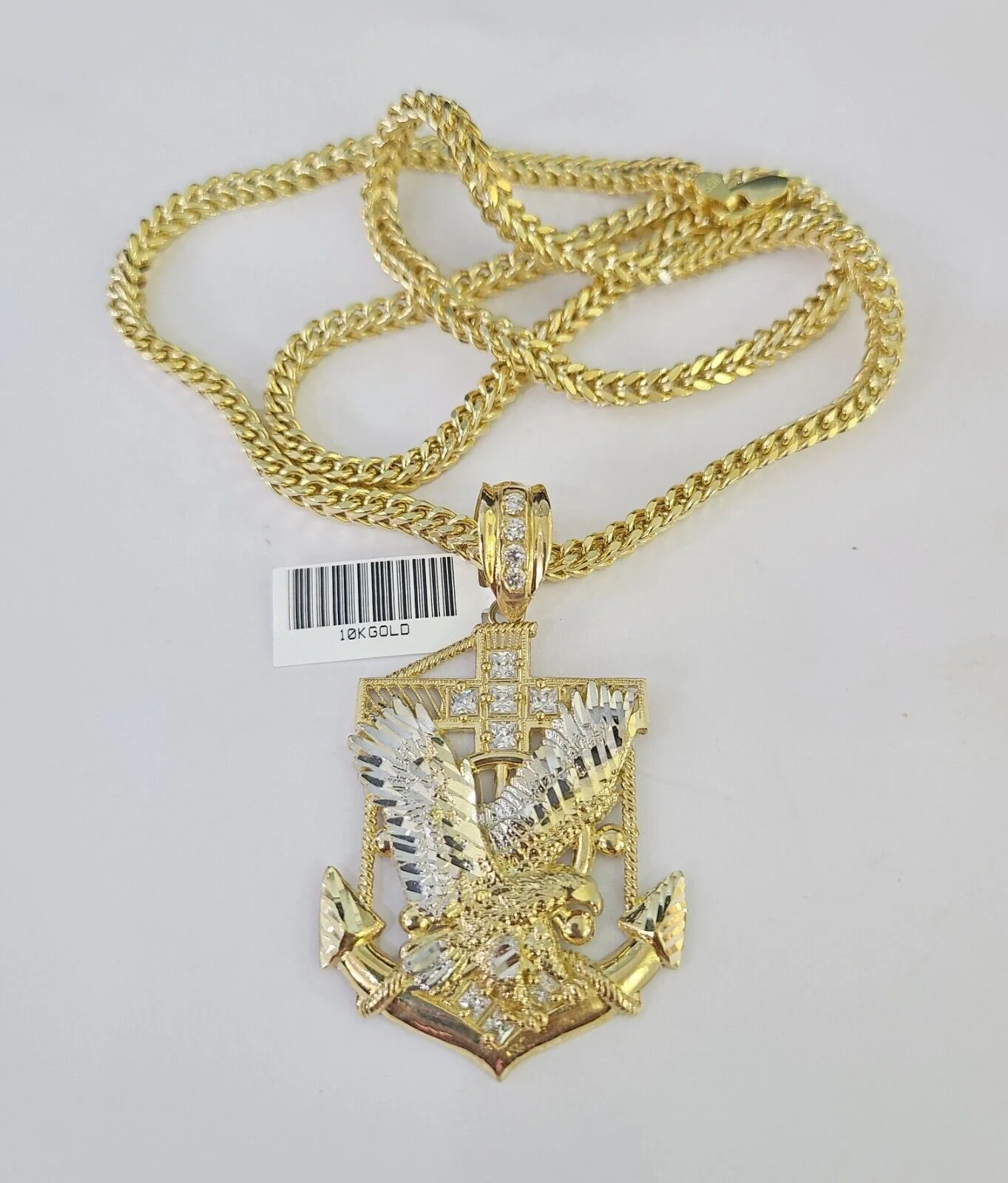 10K Franco Chain Eagle Anchor Pendant Charm Necklace 20"-28" 4mm Yellow Gold SET - Image 5