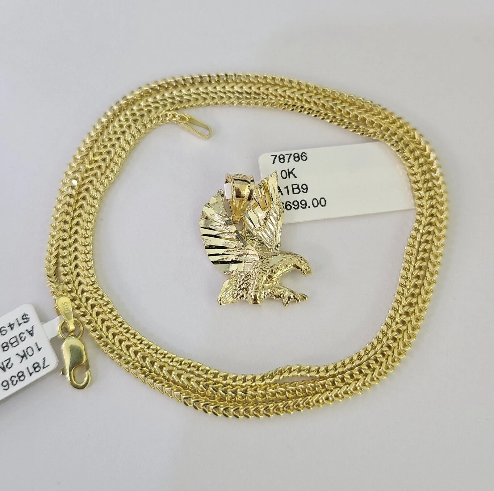 10K Franco Chain Eagle Pendant Charm Necklace 16"-24" 2mm Yellow Gold SET - Image 6