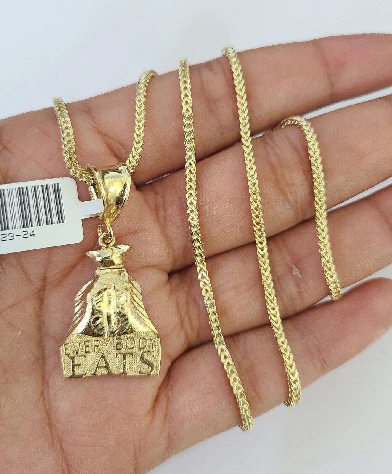 10K Franco Chain Everybody Eats Pendant Charm Necklace 16"-24" 2mm Gold SET - Image 3