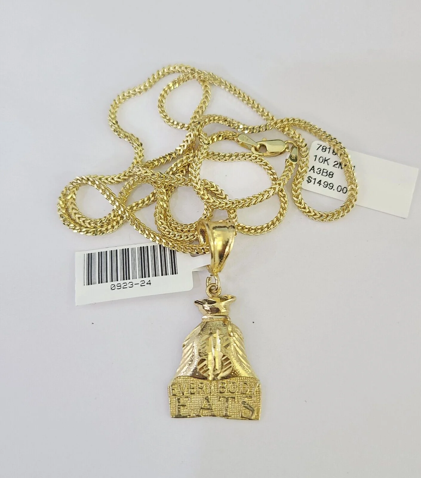 10K Franco Chain Everybody Eats Pendant Charm Necklace 16"-24" 2mm Gold SET - Image 4