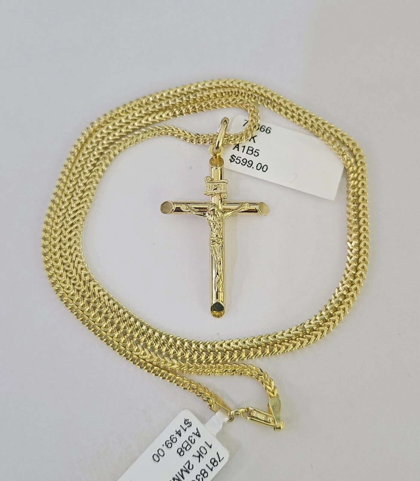 10K Franco Chain INRI Jesus Cross Pendant Charm Necklace 16"-24" 2mm Gold SET - Image 3