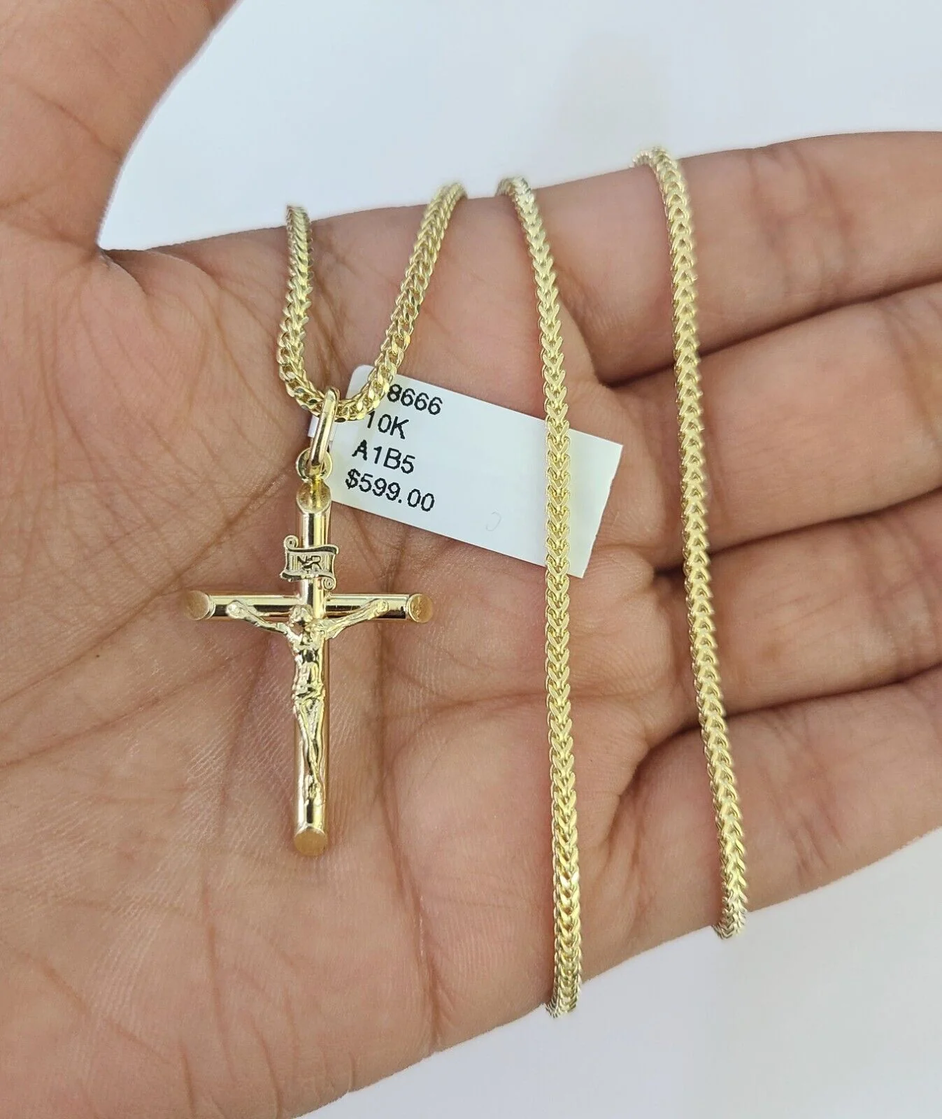 10K Franco Chain INRI Jesus Cross Pendant Charm Necklace 16"-24" 2mm Gold SET - Image 4